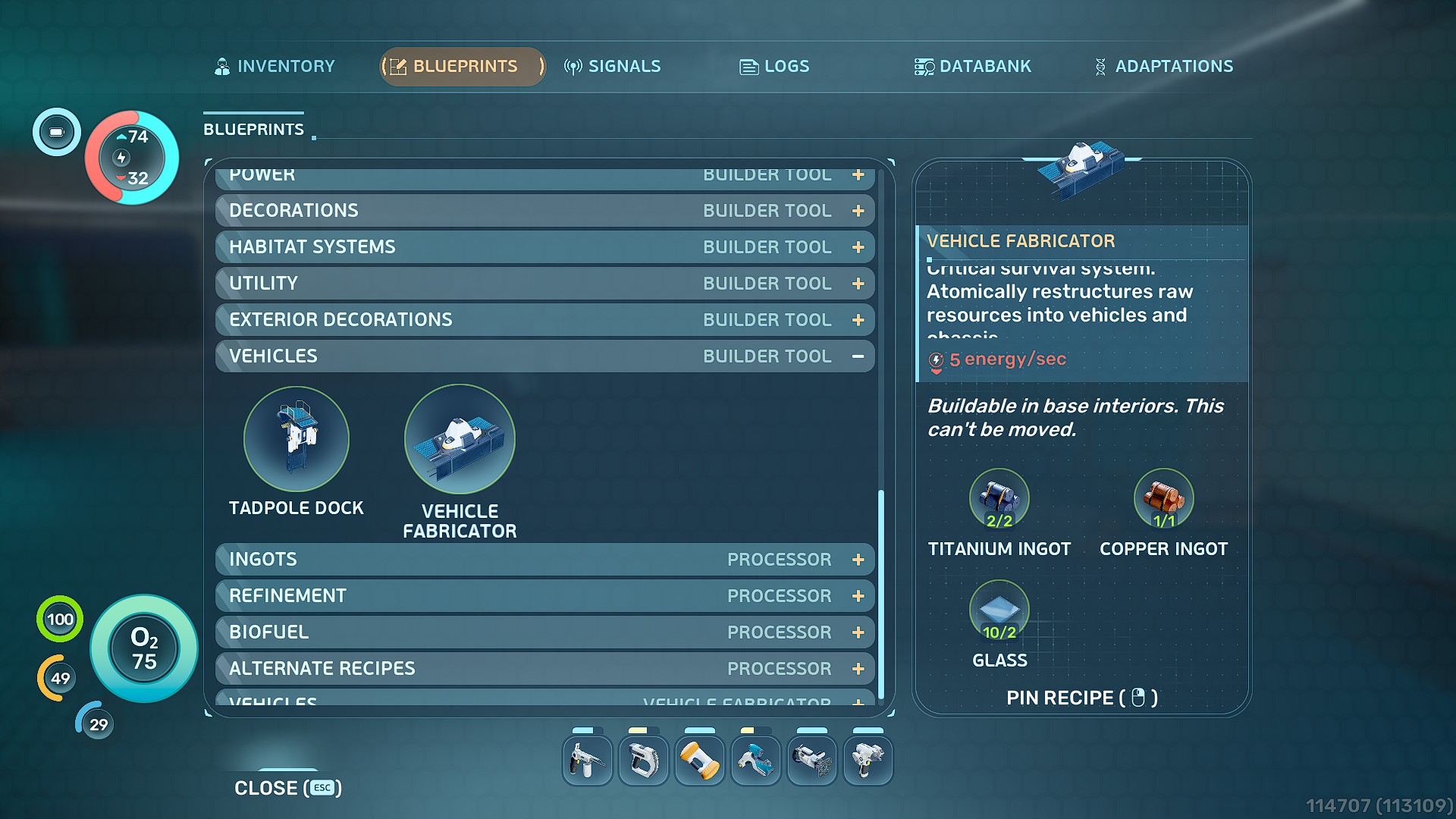 Menu des plans montrant la recette du Vehicle Fabricator.