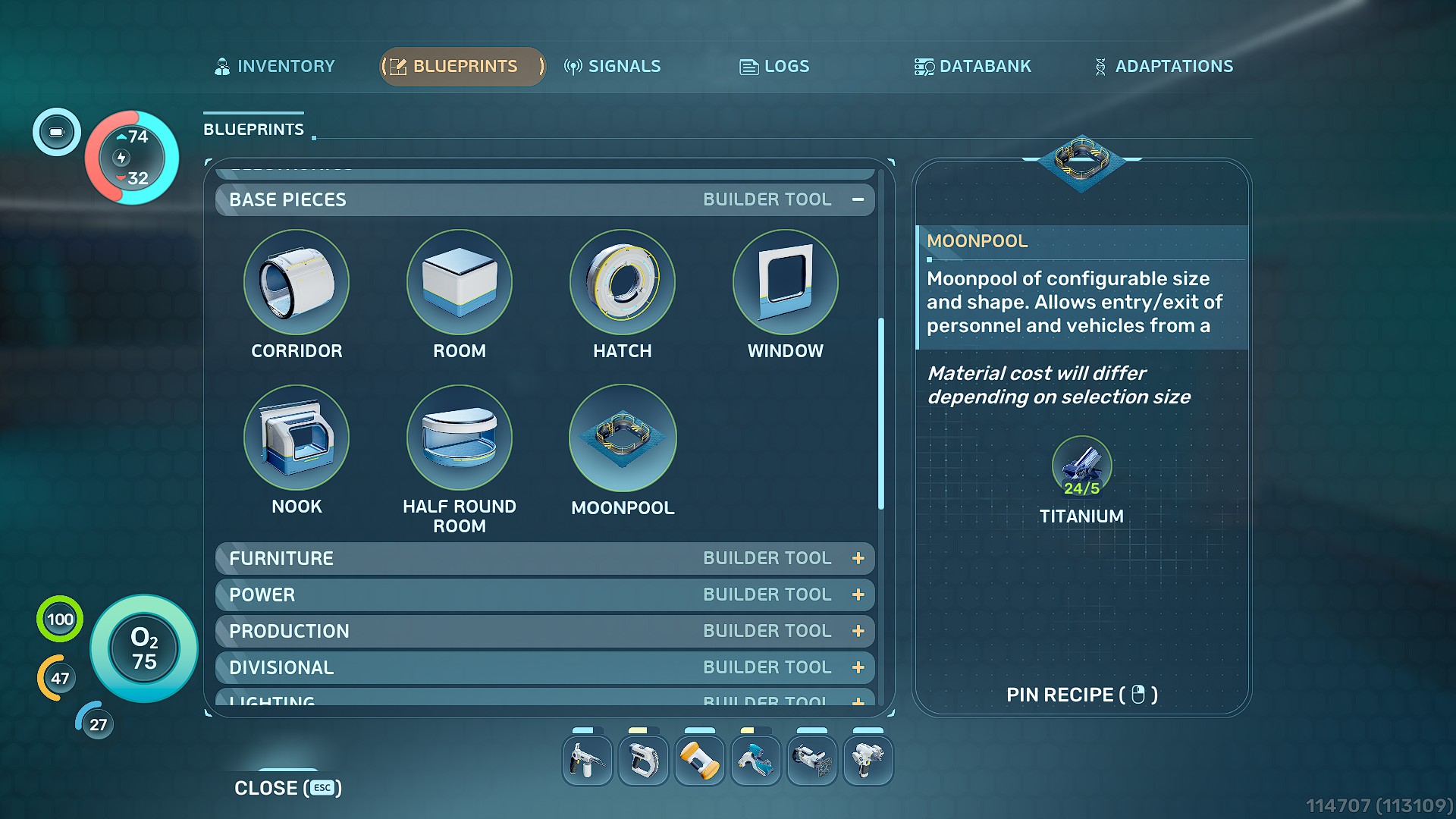 Menu des plans montrant la recette du Moonpool.