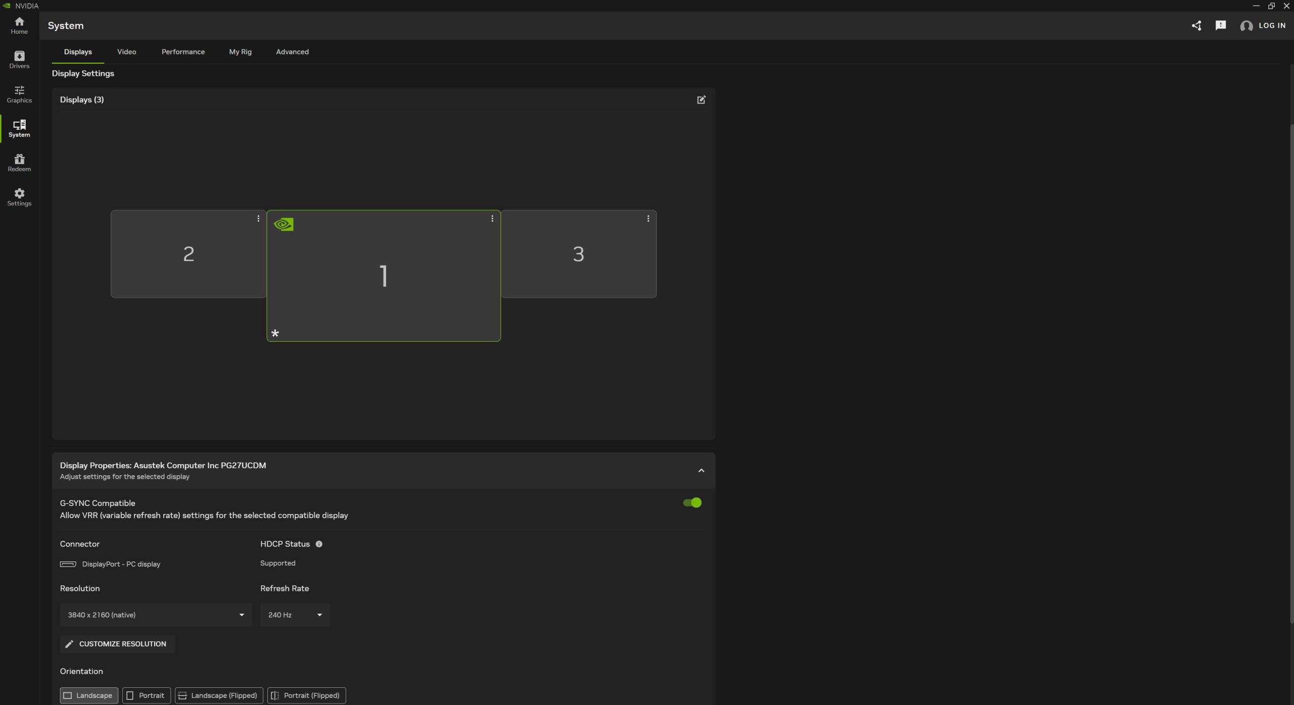The Nvidia control panel displays settings for three monitors, with the primary monitor highlighted and detailed properties showing an AsusTek PG27UCDM at 3840 x 2160 resolution and 240 Hz refresh rate.