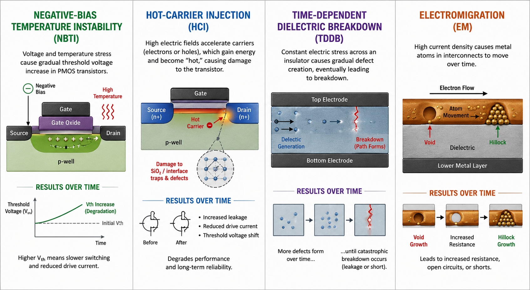 Infographie comparant les mécanismes de dégradation des semi-conducteurs : NBTI, HCI, TDDB et électromigration.