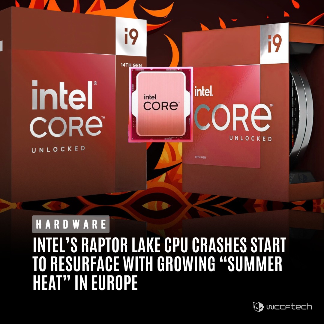 Affichage de processeurs Intel Core i9 de 14e et 13e génération avec des graphiques flammés et texte indiquant que les crashes des CPU Raptor Lake recommencent avec la 'chaleur estivale' en Europe.