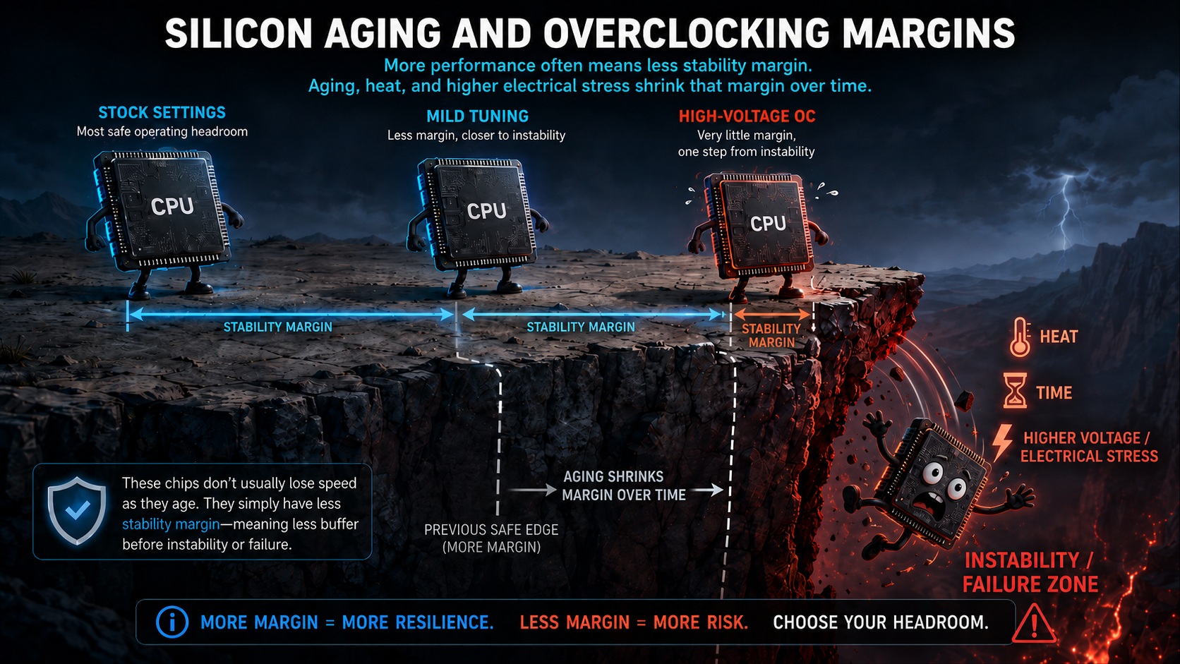 Diagramme 'Silicon Aging and Overclocking Margins' illustrant trois niveaux de marges de stabilité CPU : configuration stock, tuning léger et OC à voltage élevé.