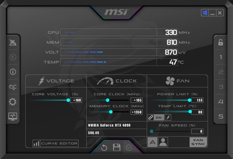 Interface logicielle MSI affichant les détails d'un GPU NVIDIA GeForce RTX 4090 avec un ajustement de fréquence du cœur de '+165 MHz' et de la mémoire de '+1350 MHz'.