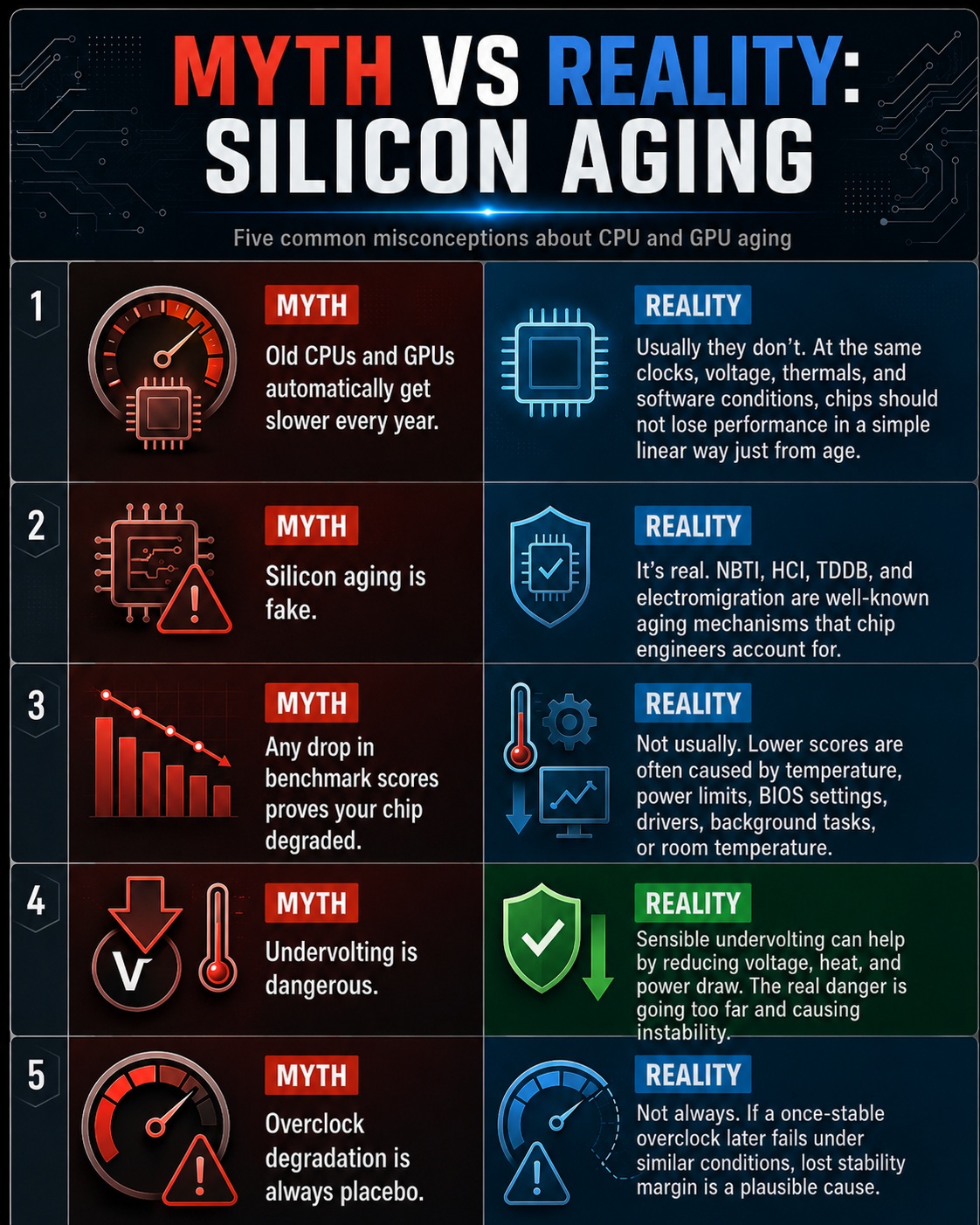 Infographie 'MYTH VS REALITY: SILICON AGING' listant cinq idées communes incorrectes sur l'âge des CPU et GPU avec leurs réalités correspondantes.