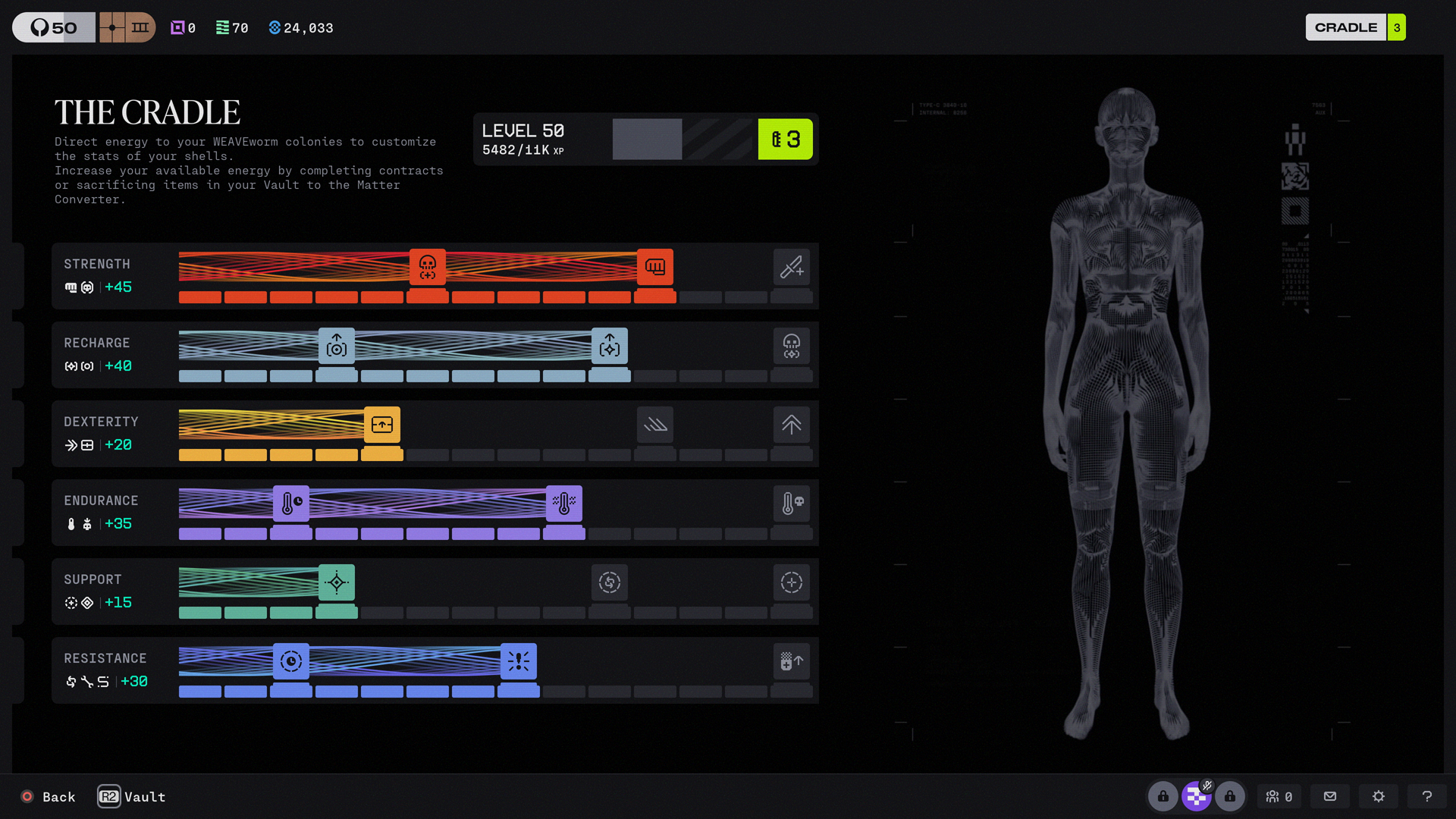 Interface 'The Cradle' montrant les statistiques du niveau 50 (force, recharge, dextérité, endurance, soutien, résistance) sur fond d'une silhouette humaine wireframe.