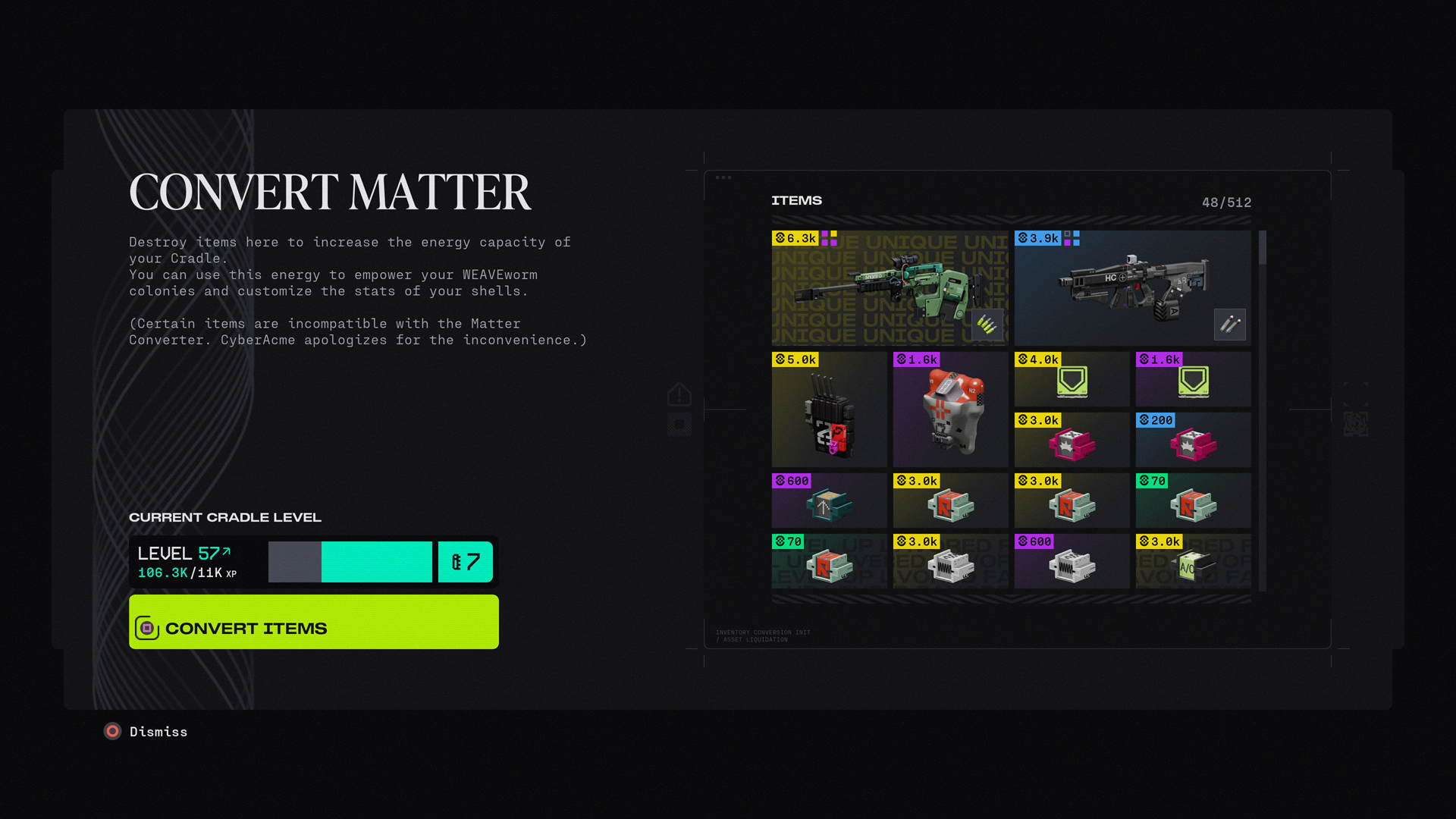 Interface 'CONVERT MATTER' montrant une sélection d'objets, un 'CURRENT CRADLE LEVEL' de 'LEVEL 57' avec '106.3K/11K XP' et une option 'CONVERT ITEMS'.
