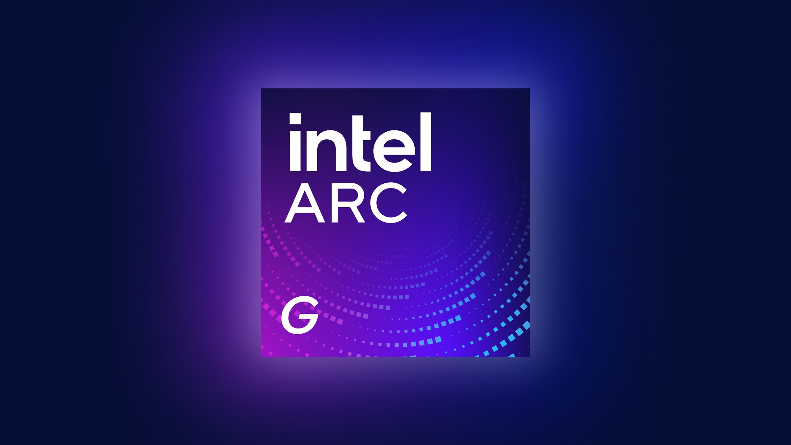 A logo displaying 'intel ARC' with a stylized digital pattern on a gradient blue and purple background.