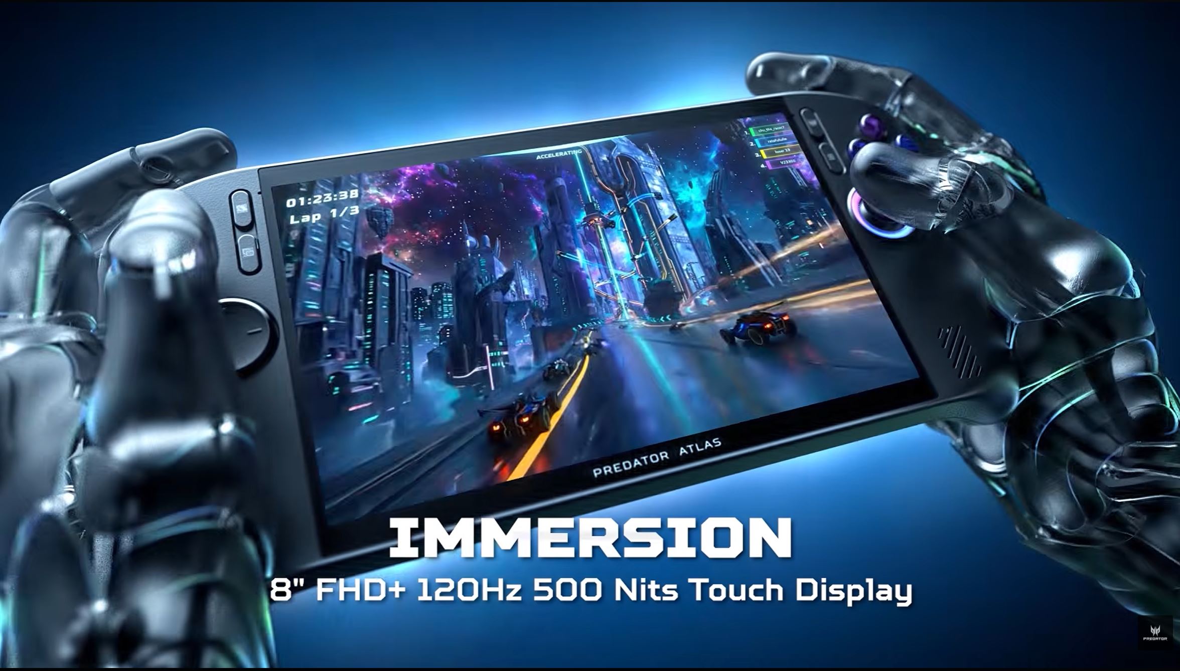 Acer Predator Atlas gaming handheld with an '8 FHD+ 120Hz 500 Nits Touch Display' shows a futuristic racing game in progress.