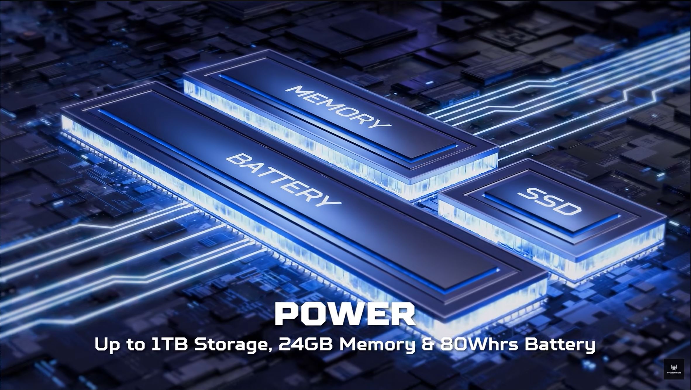 3D illustration showing components labeled 'MEMORY,' 'BATTERY,' and 'SSD' with on-screen text 'POWER Up to 1TB Storage, 24GB Memory & 80Whrs Battery.'