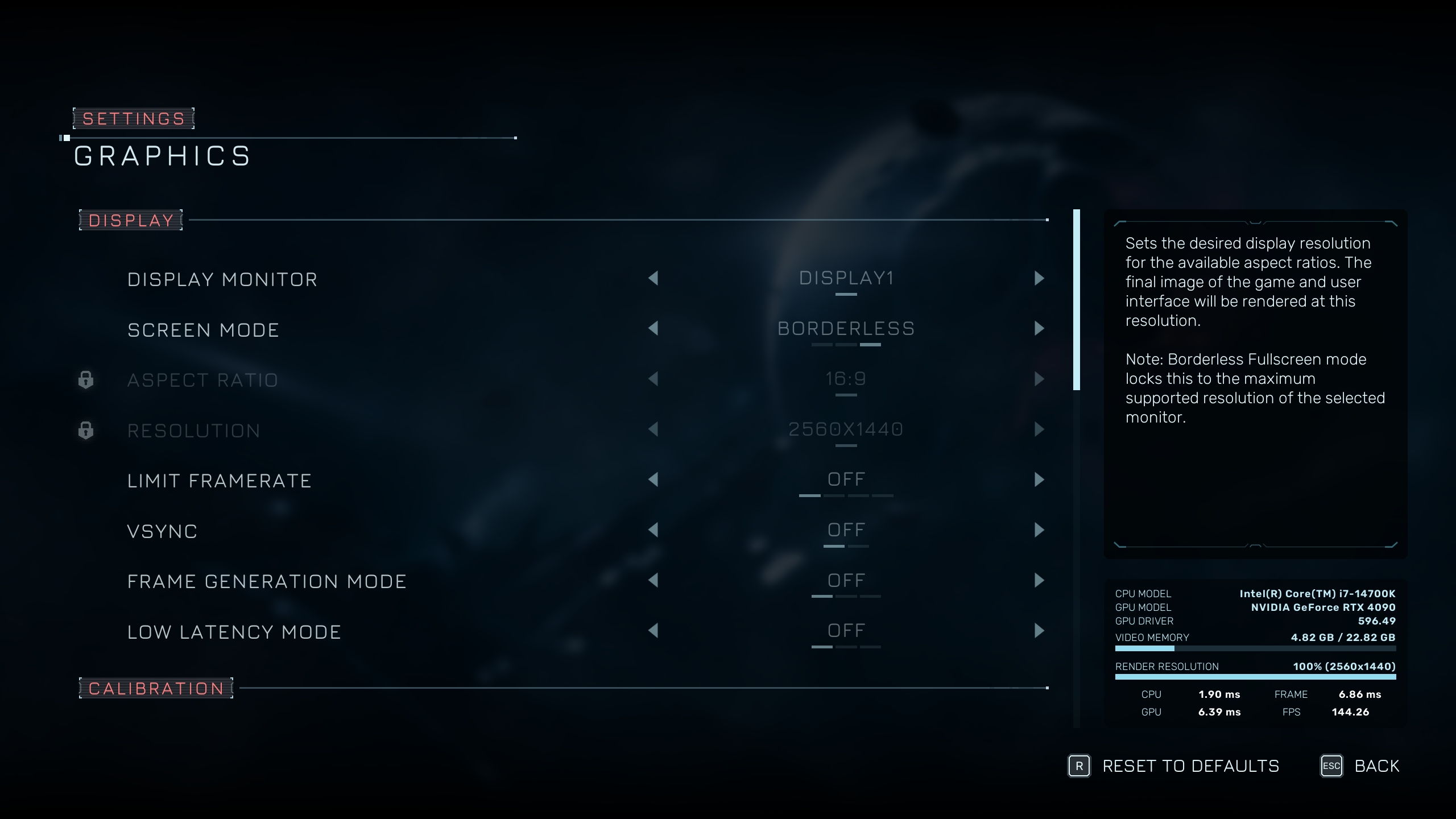 Menu des paramètres graphiques montrant une RTX 4090 et un Core i7-14700K, avec options 'DISPLAY1', 'BORDERLESS', '16:9', '2560x1440', et métriques de performance comme 'FPS 144.26'.