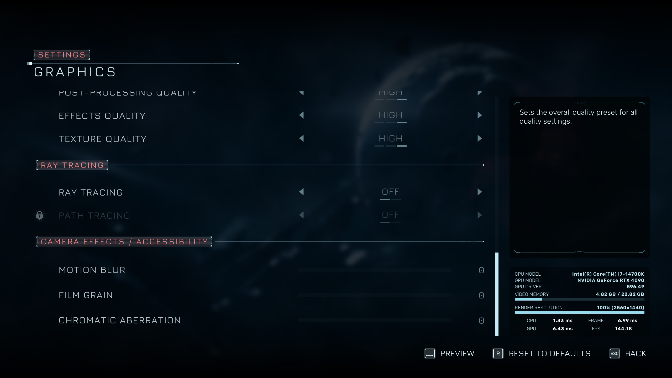 Menu des paramètres graphiques avec 'Ray Tracing' OFF, système Intel Core i7-14700K, NVIDIA GeForce RTX 4090, résolution de rendu '100% (2560x1440)'.