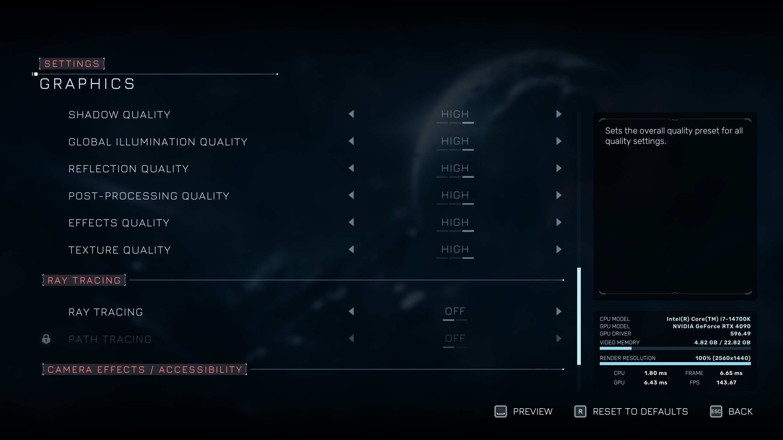 Menu des paramètres graphiques avec toutes les options en 'HIGH', ray tracing 'OFF', CPU Intel Core i7-14700K, GPU NVIDIA GeForce RTX 4090.