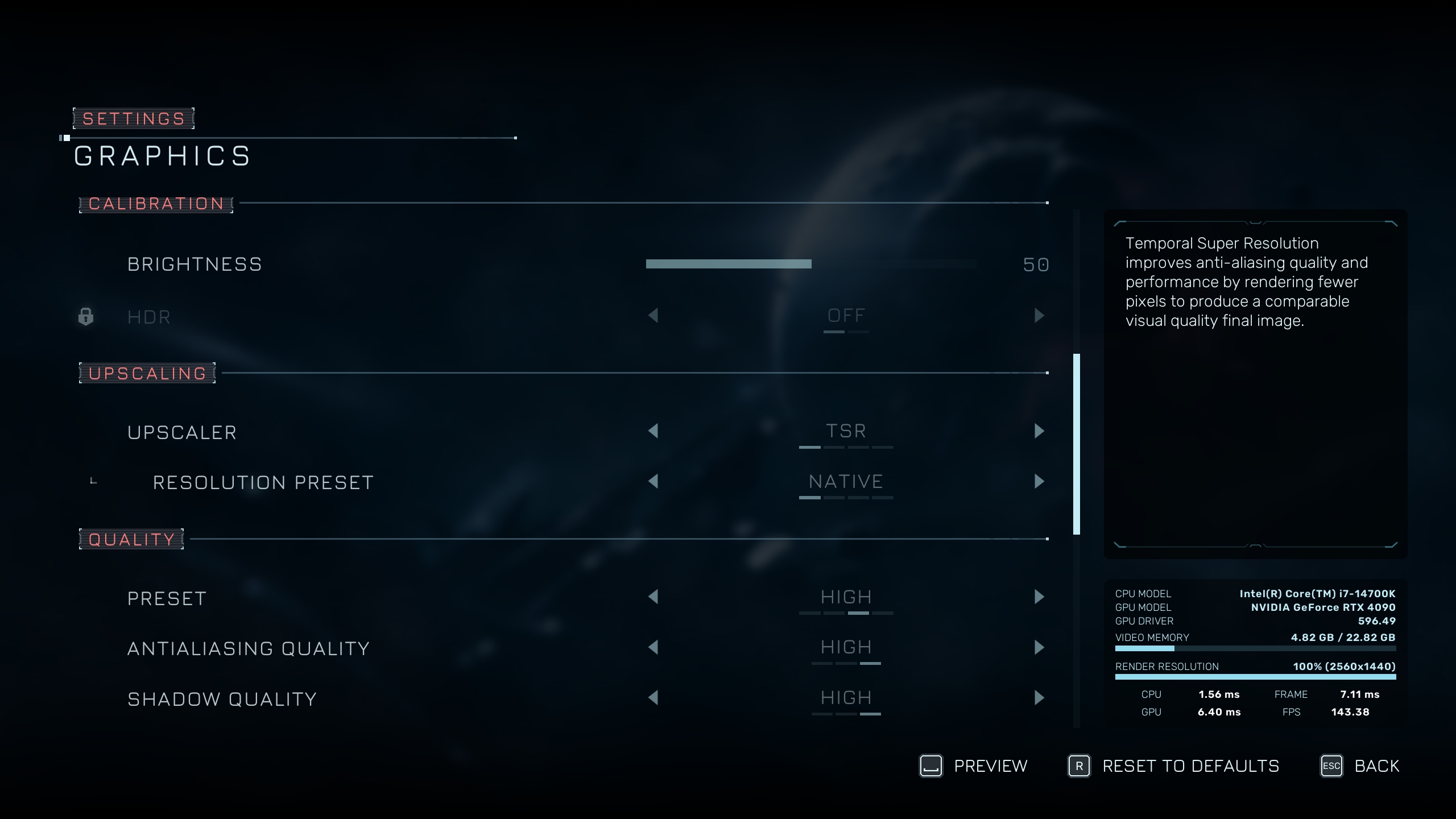 Menu des paramètres graphiques avec 'Upscaler' set à 'TSR', CPU 'Intel Core i7-14700K', GPU 'NVIDIA GeForce RTX 4090', rendu à '100% (2560x1440)'.