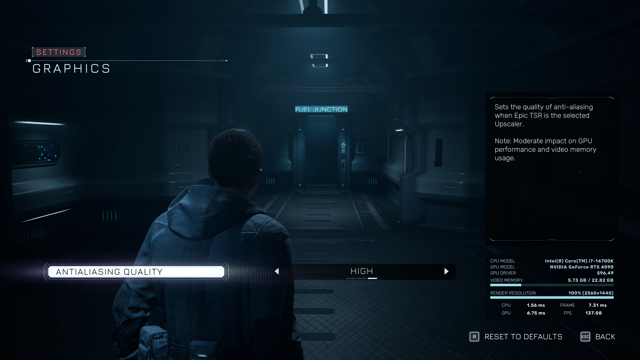 Un écran de paramètres avec 'Antialiasing Quality' en 'High', système Intel Core i7-14700K et NVIDIA GeForce RTX 4090.