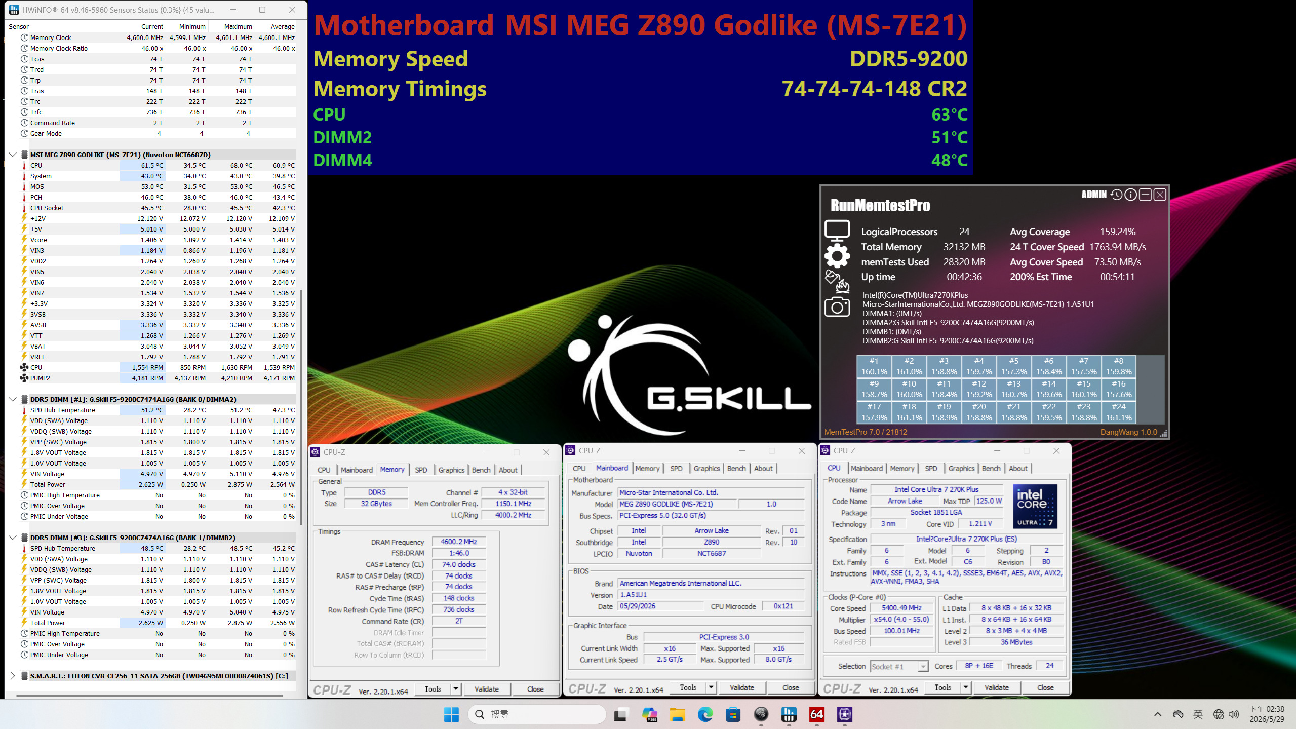 The image displays a hardware monitor and benchmarking setup featuring the MSI MEG Z890 Godlike (MS-7E21) motherboard with a DDR5-9200 memory kit by G.Skill under test conditions, alongside CPU-Z details showing an Intel Core Ultra 7 2700X CPU running at 5.4 GHz.
