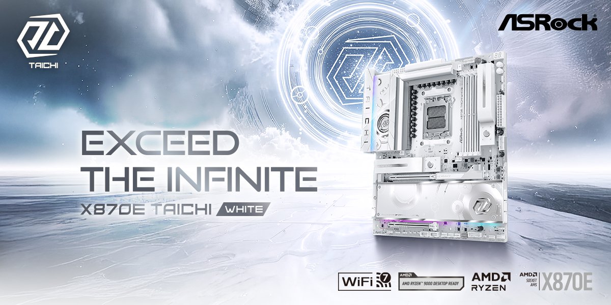 Carte mère ASRock X870E Taichi White sur fond glacé futuriste.