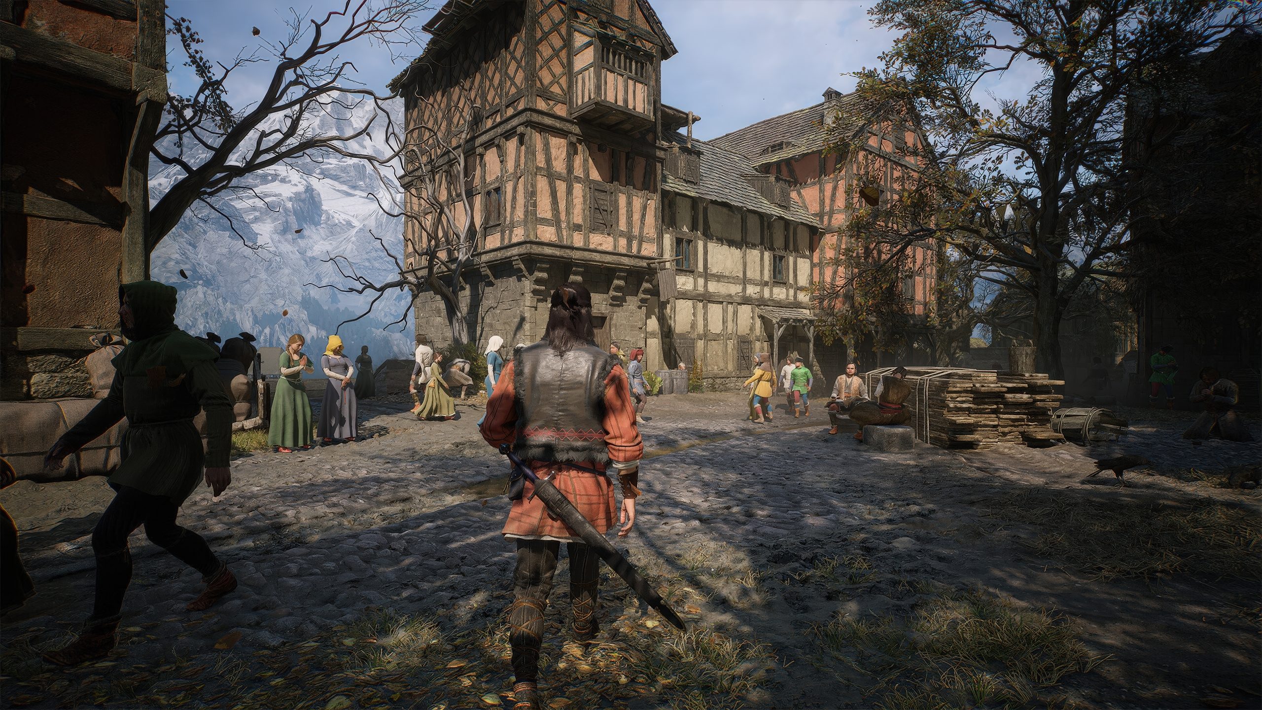 A character in a medieval setting walks through a cobblestone street with half-timbered buildings and villagers.