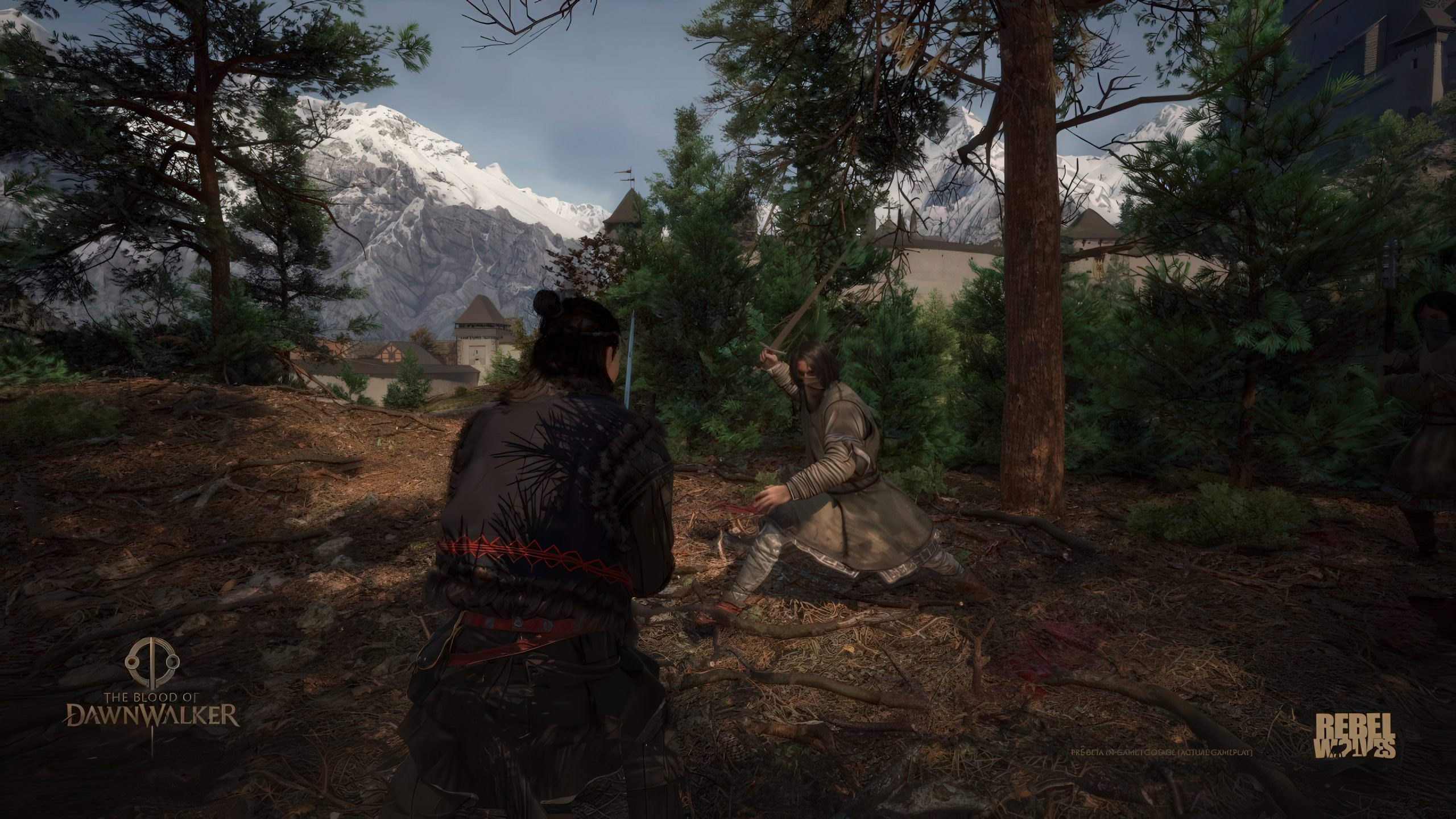 A scene from The Blood of Dawnwalker shows two characters in a forest setting, one wielding a sword while facing a kneeling opponent with a castle and snow-capped mountains in the background.