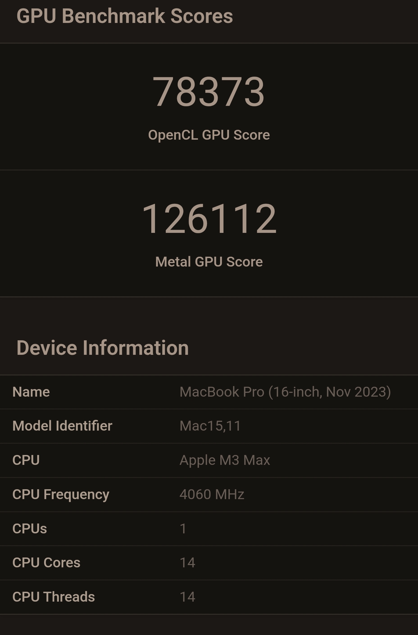 L'image montre les scores GPU pour un MacBook Pro (16 pouces, nov. 2023) avec un CPU Apple M3 Max, affichant un score OpenCL de 78373 et un score Metal de 126112, ainsi que des informations indiquant un identifiant de modèle 'Mac15,11', une fréquence CPU de 4060 MHz et 14 cœurs CPU.
