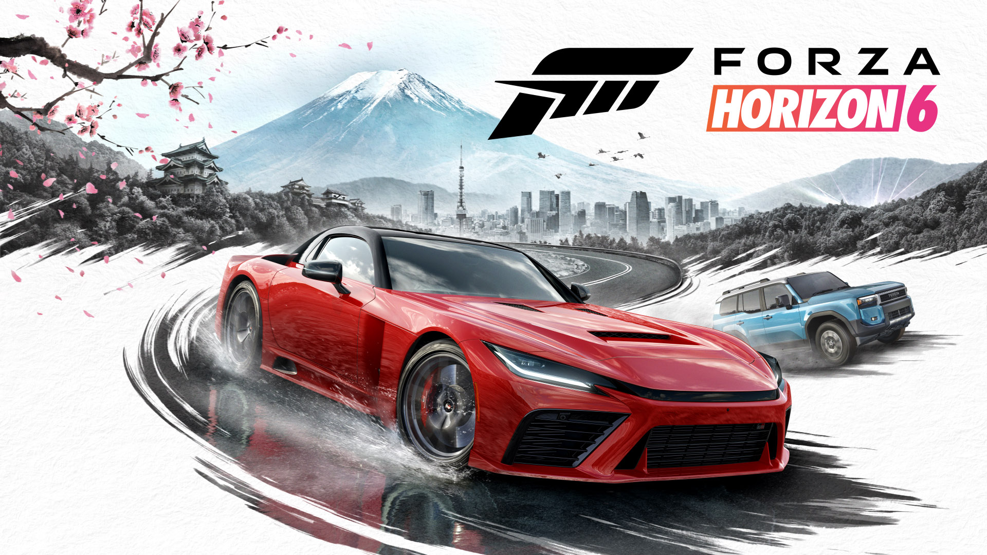 Image promotionnelle pour Forza Horizon 6 montrant une voiture de sport rouge dérapant sur une route bordée de cerisiers en fleurs.