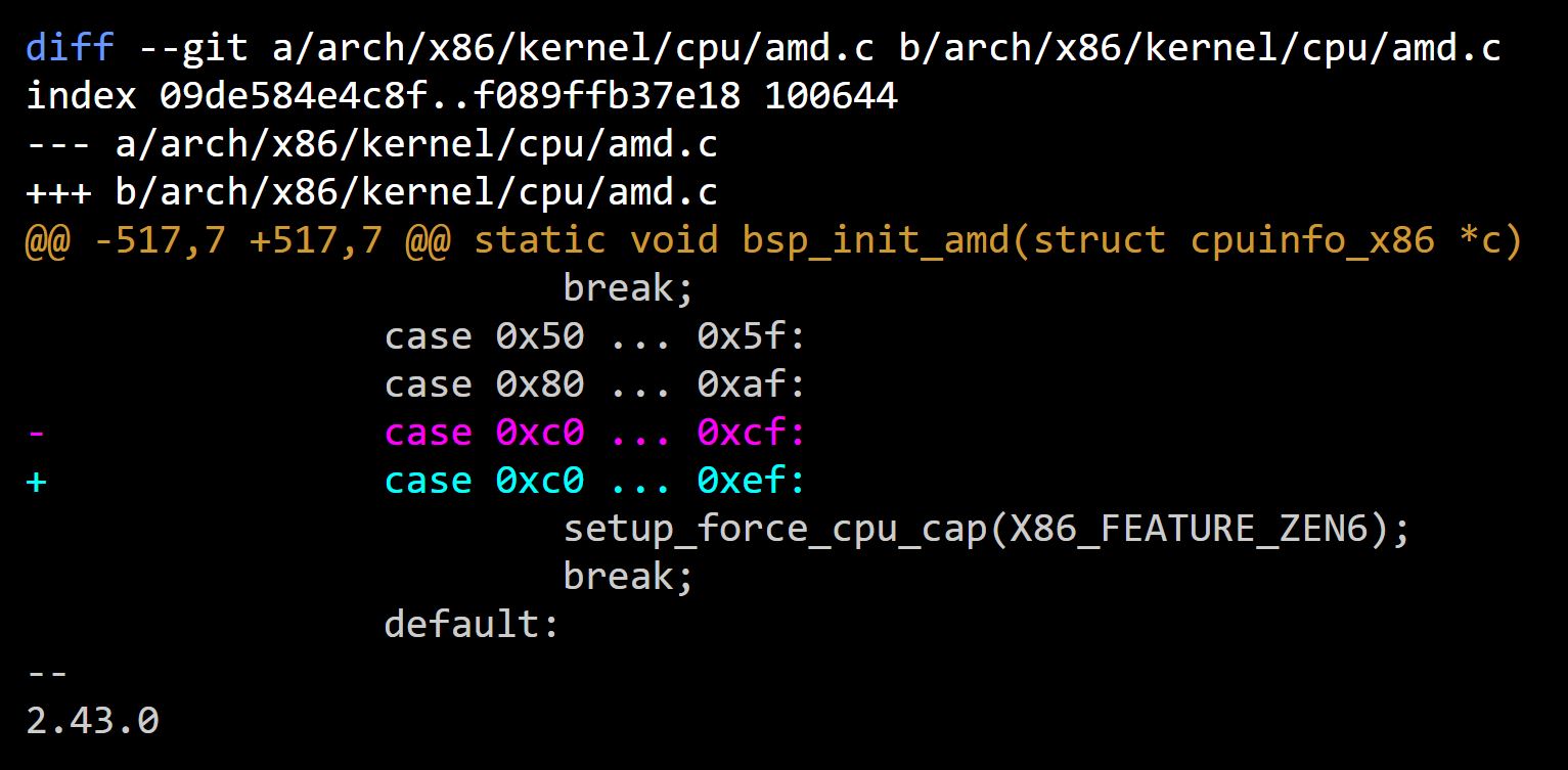 Un diff de code met en évidence des modifications dans le fichier 'arch/x86/kernel/cpu/amd.c', étendant une plage de valeurs.