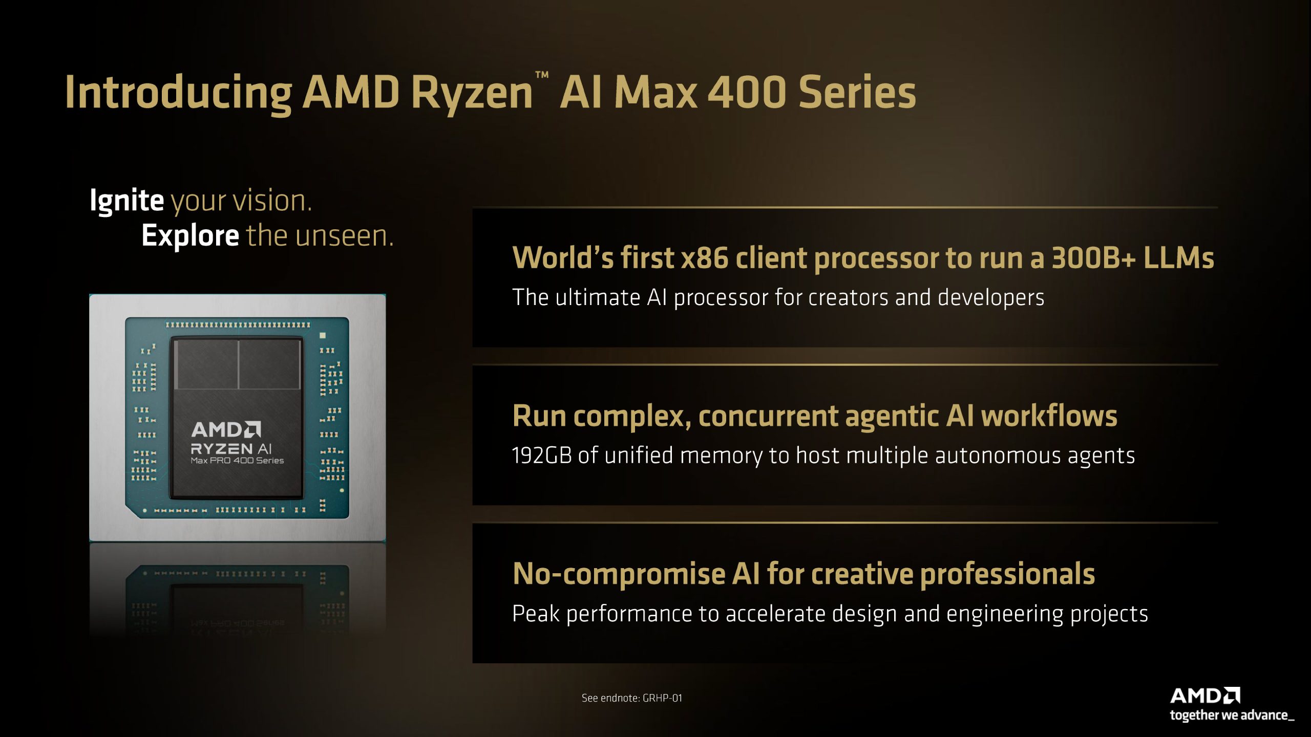 Un processeur AMD Ryzen AI Max PRO 400 Series avec du texte mettant en avant ses capacités, dont l'exécution de LLM 300B+ et de workflows d'IA agentique avec 192 Go de mémoire unifiée.