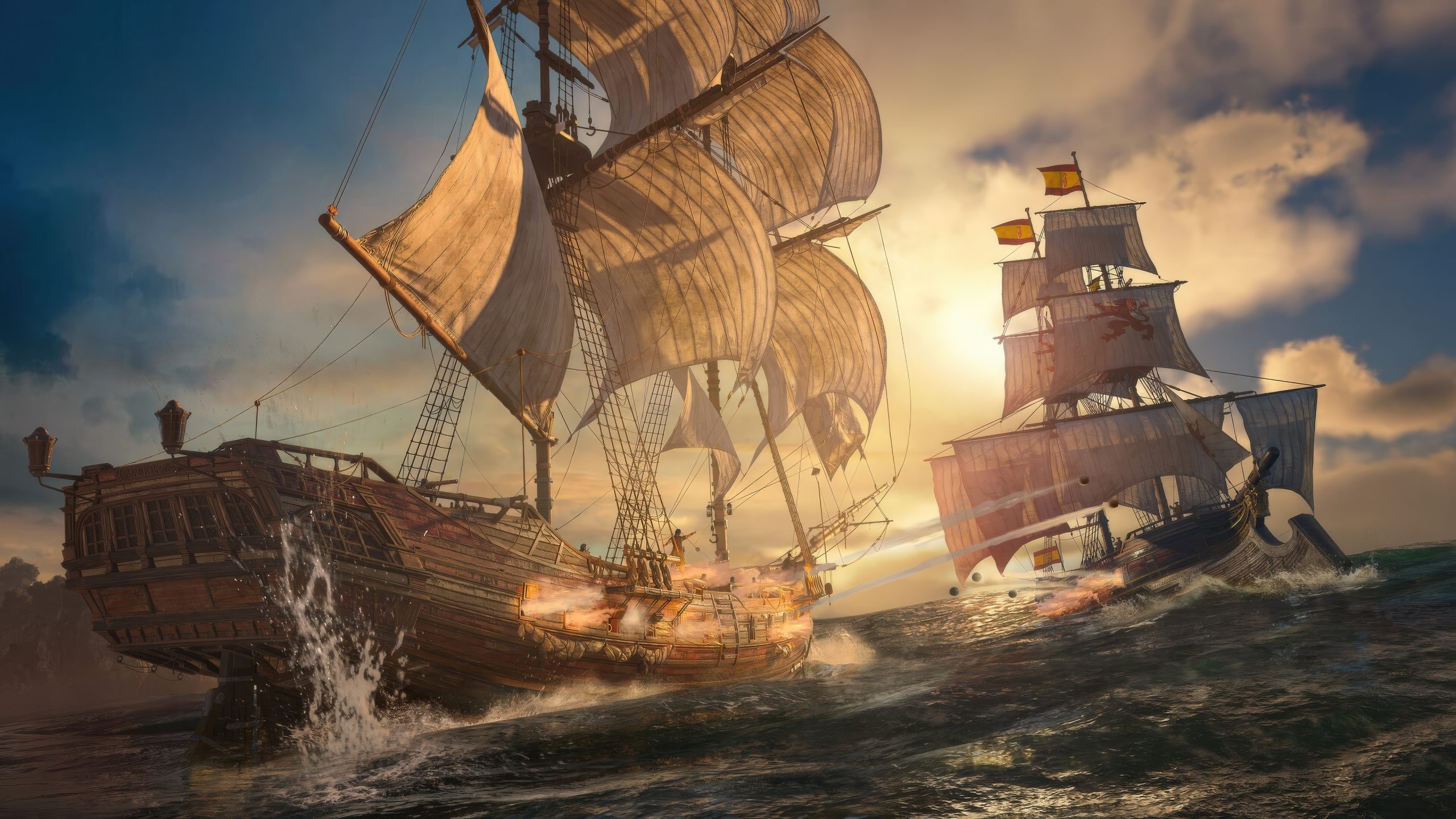 Deux navires pirates au combat en pleine mer au coucher du soleil.