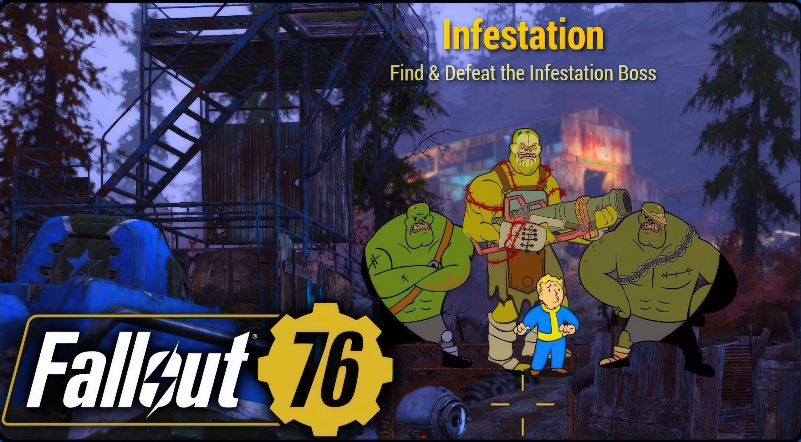 Image promotionnelle de Fallout 76 montrant des super mutants cartoon et un Vault Boy avec le texte 'Infestation : Trouvez et Vainquez le Boss d'Infestation'.