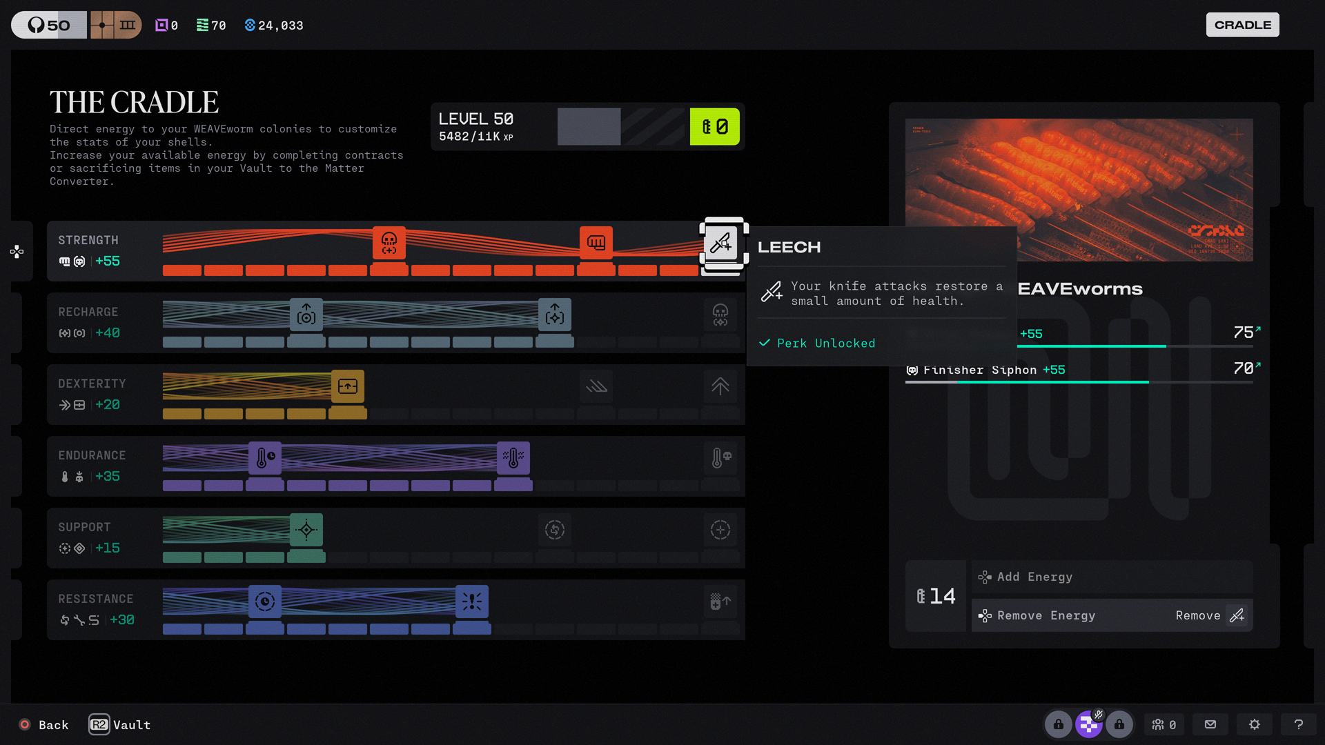Interface 'The Cradle' montrant le niveau 50 et des attributs comme la force, recharge et dextérité, avec la fonction 'Leech' débloquée.
