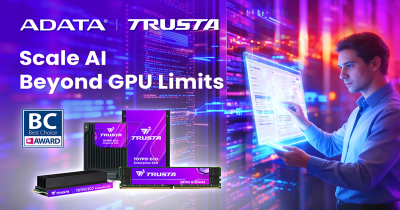 A man interacts with a digital interface in a server room, with 'ADATA' and 'TRUSTA' branding and products like the 'T7DP751 ECO Enterprise SSD' and 'DDR5 R-DIMM' on display, alongside the text 'Scale AI Beyond GPU Limits.'