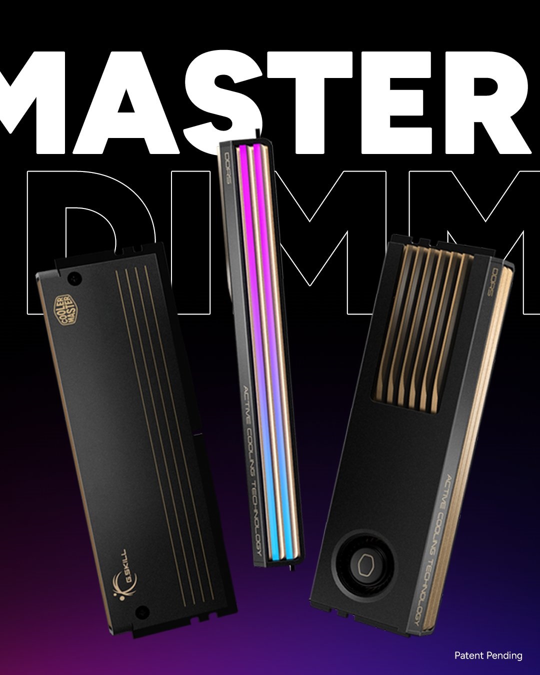Trois modules de refroidissement avec un ventilateur intégré. On voit les logos Cooler Master et G.Skill, avec l'inscription 'Active Cooling Technology' et des effets de rétroéclairage RGB.