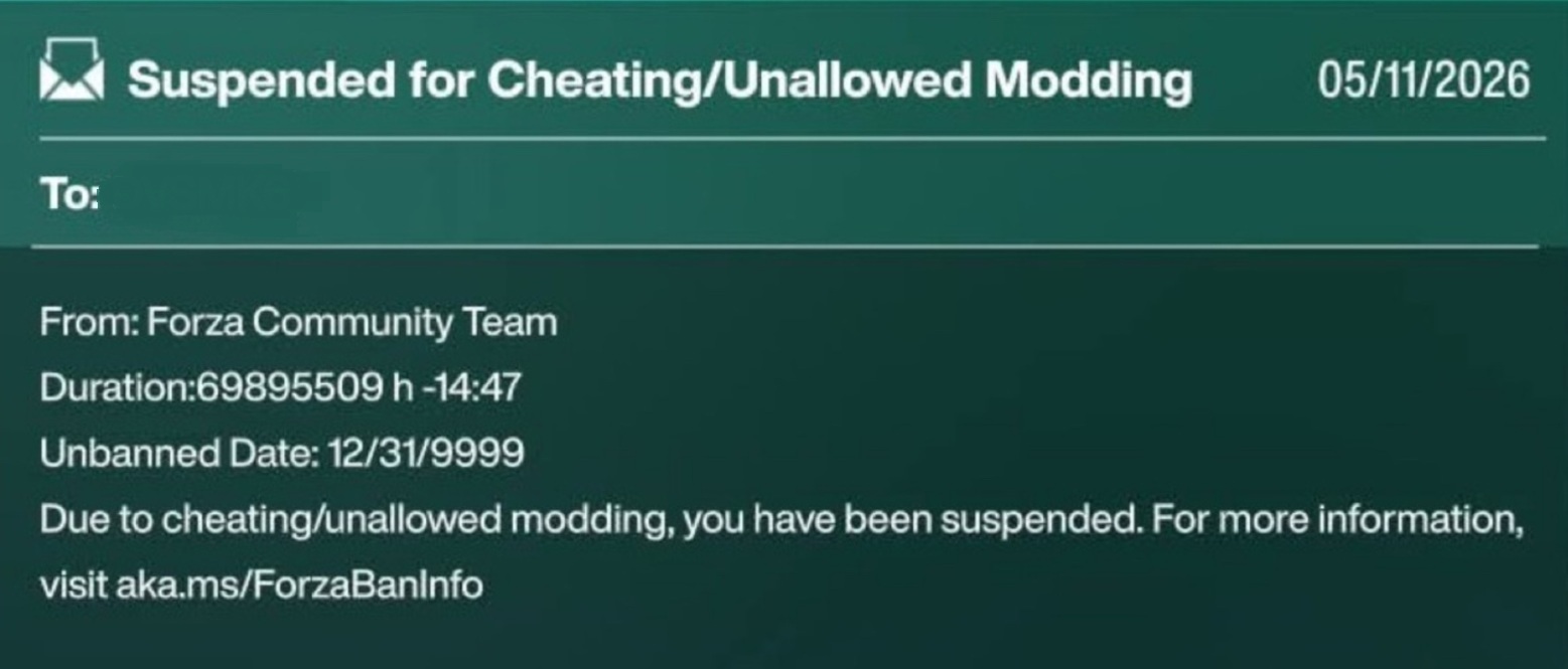 A notification from the Forza Community Team states suspension for cheating/unallowed modding with a duration of 69895509 hours, and an unban date of 12/31/9999.