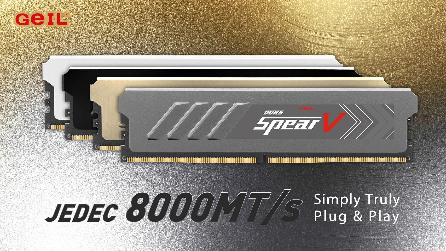 GeIL DDR5 Spear V RAM modules displayed with 'JEDEC 8000MT/s' and text 'Simply Truly Plug & Play'.