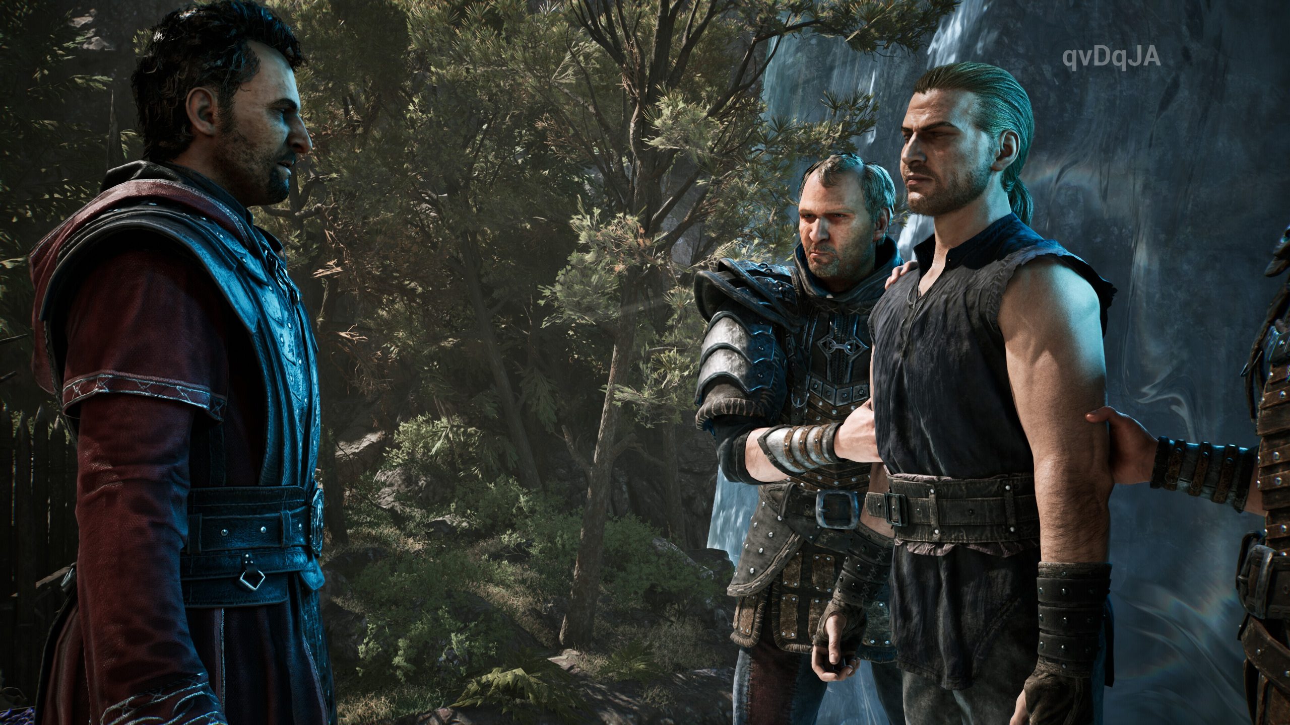 Characters in medieval armor engage in a tense conversation in a lush forest setting in the game Gothic 1 Remake.