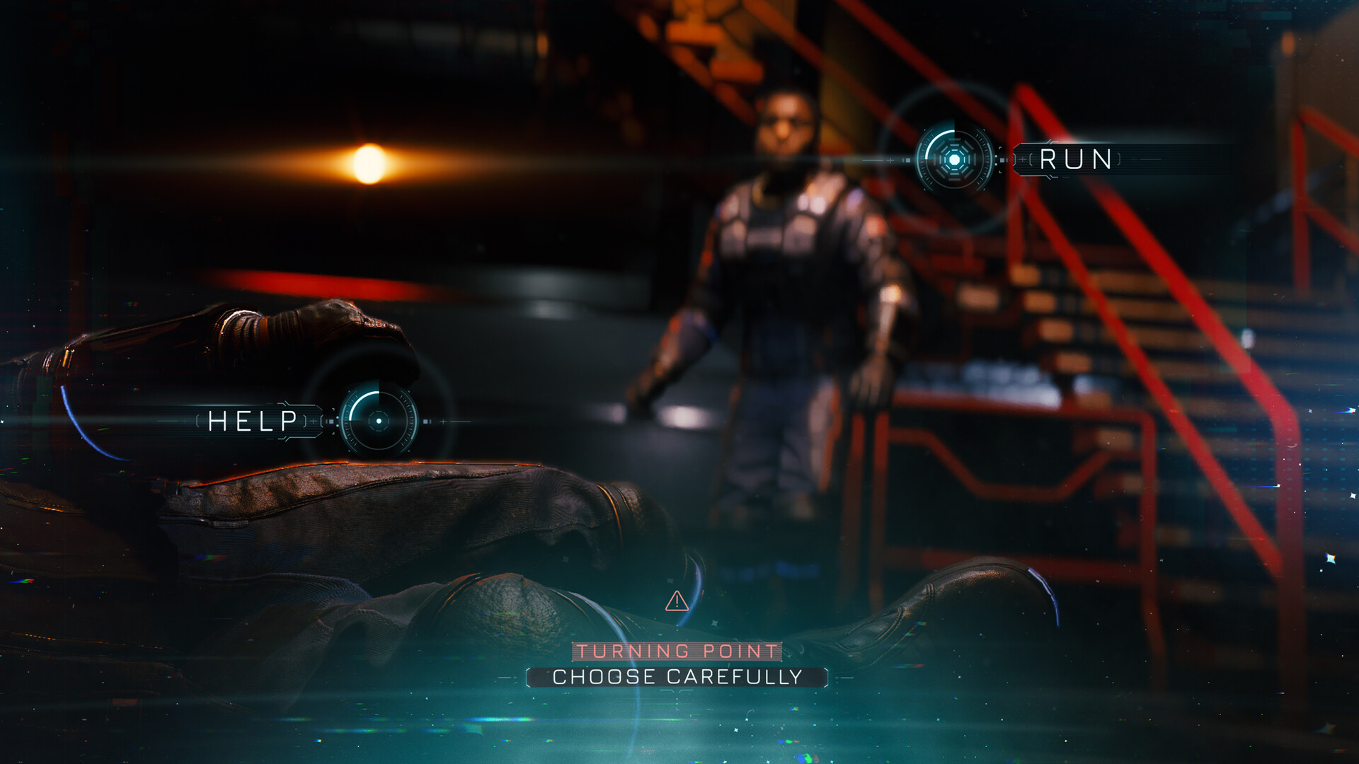 Une scène du jeu montre des choix 'HELP' et 'RUN' avec le texte 'TURNING POINT CHOOSE CAREFULLY'. Un personnage approche sur une structure futuriste.