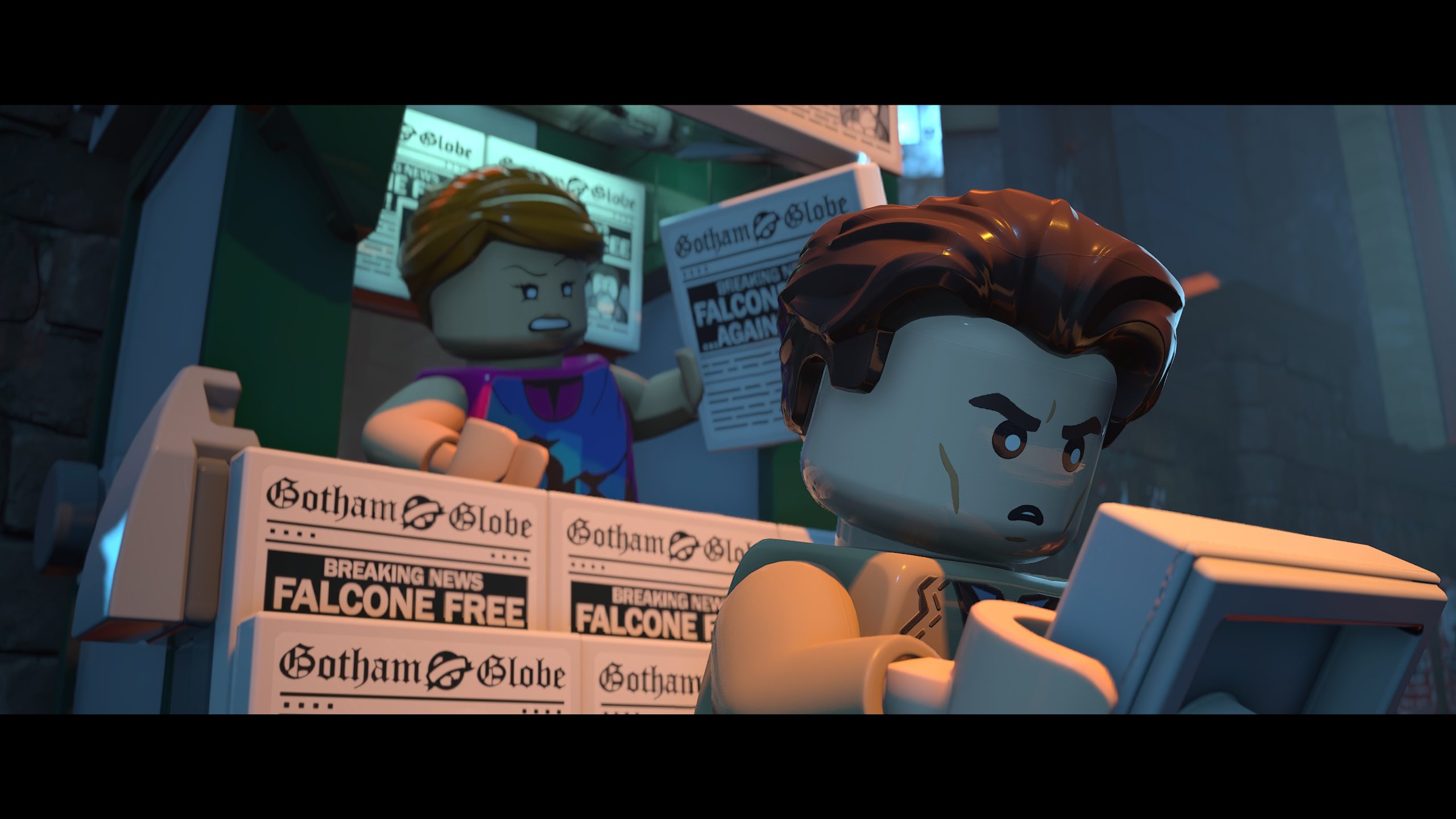 Un personnage LEGO regarde une tablette, une personne tient un journal 'Gotham Globe' avec un titre sur Falcone.