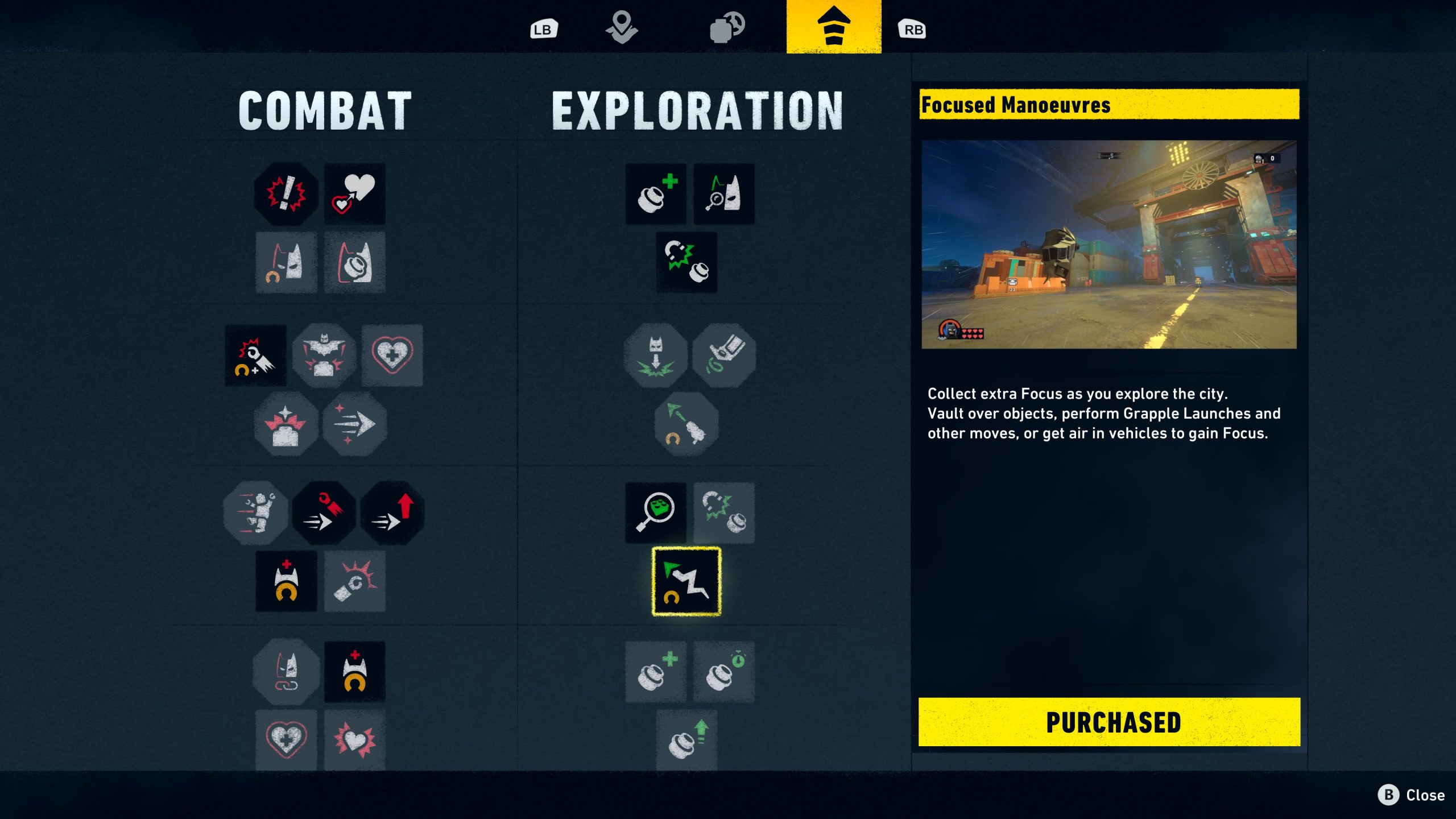 Une interface de jeu montrant les arbres de compétences 'Combat' et 'Exploration', avec la compétence 'Focused Manoeuvres' mise en avant et marquée 'PURCHASED'.