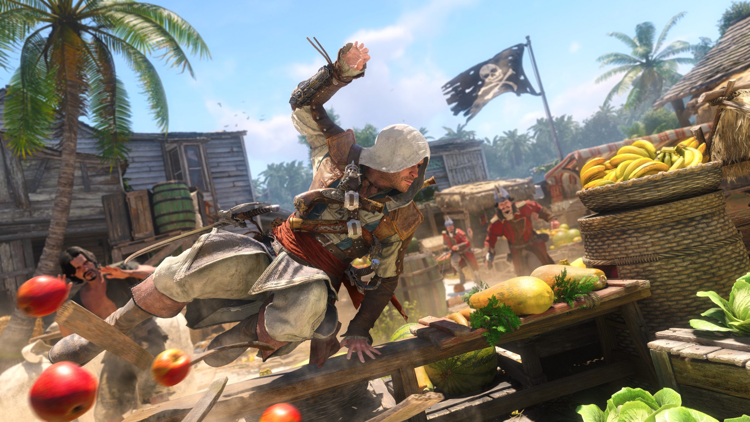 A character in Assassin's Creed IV: Black Flag is leaping over a market stall filled with fruit as a pirate flag waves in the background.