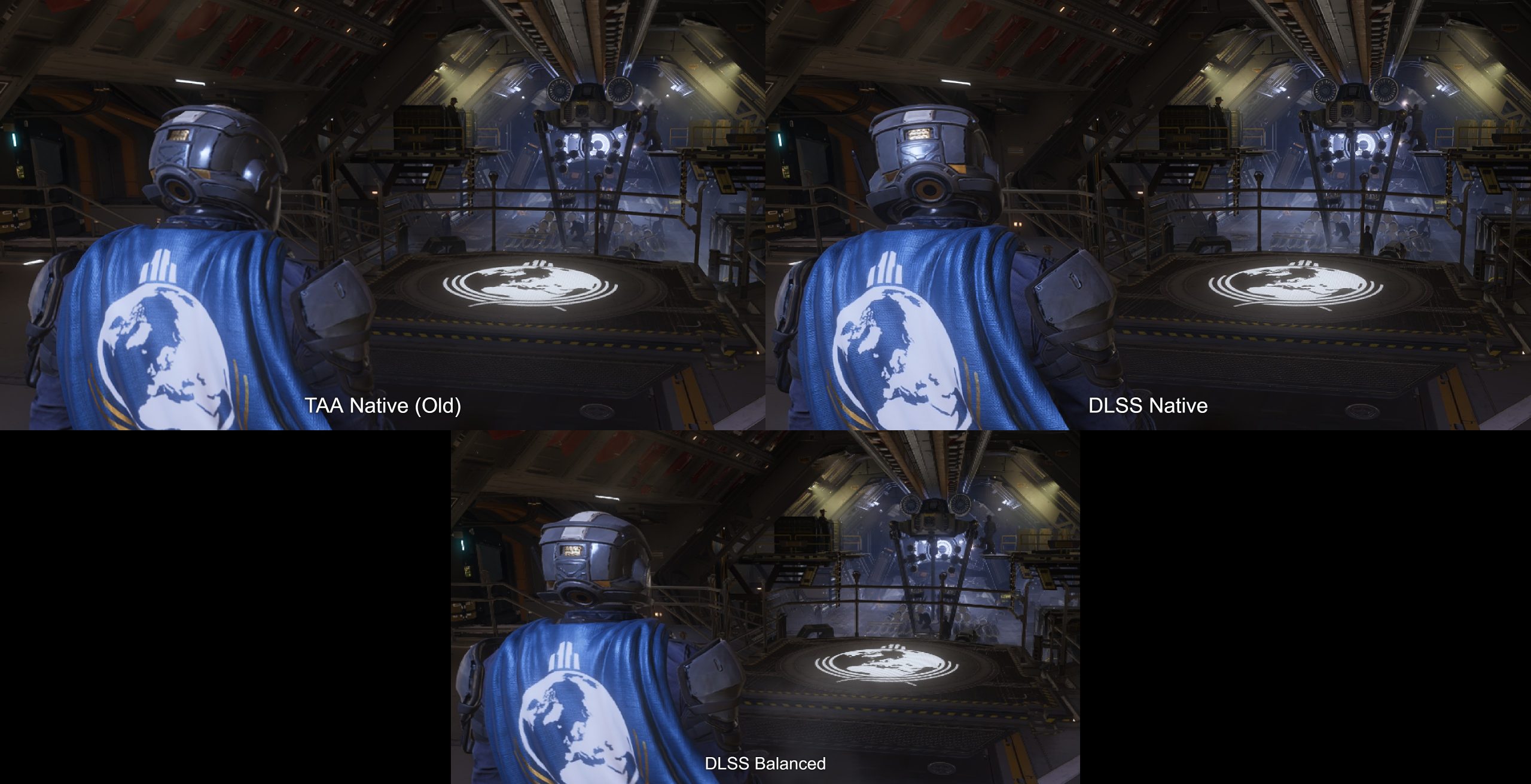 Trois images comparatives de Helldivers 2 montrant un personnage portant une cape bleue avec un motif de globe sous différents paramètres graphiques : 'TAA Native (Old)', 'DLSS Native', et 'DLSS Balanced'.