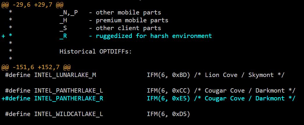Extrait de code montrant les définitions des processeurs Intel, incluant 'INTEL_PANTHERLAKE_R' marqué comme 'ruggedized for harsh environment' avec les identifiants IFM(6, 0xE5) pour Cougar Cove/Darkmont.
