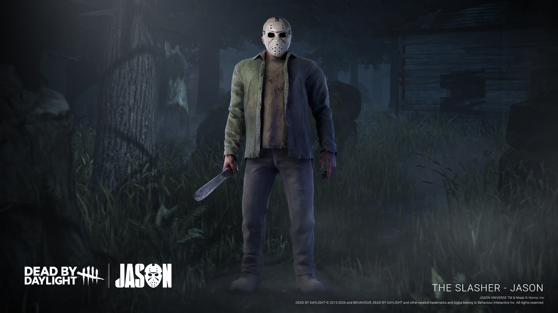 Jason Voorhees dans Dead by Daylight, tenant une machette sanglante dans une forêt sombre.