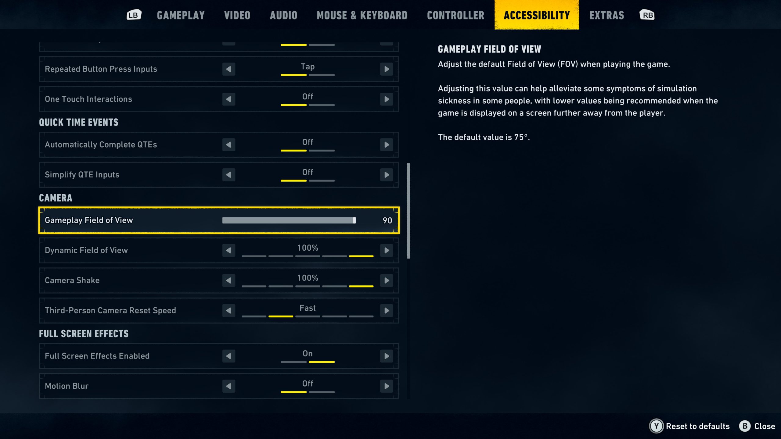 Menu des paramètres de LEGO Batman avec l'option 'Gameplay Field of View' réglée sur 90.
