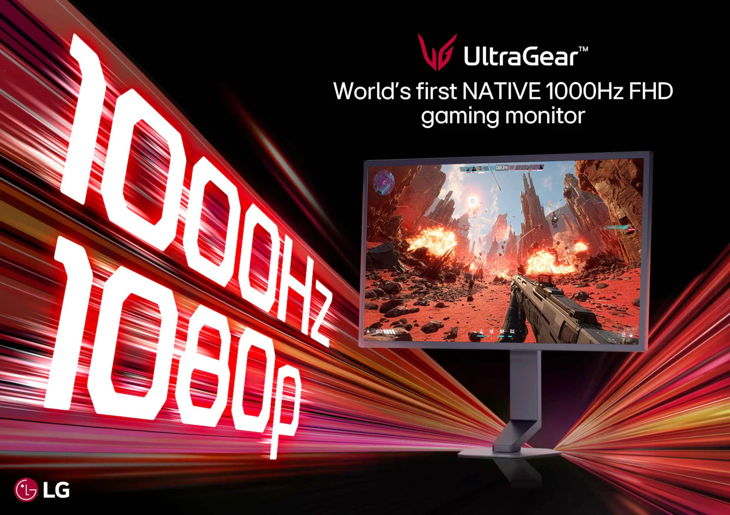 Le LG UltraGear est présenté comme le premier monitor gaming NATIF 1000Hz FHD, avec des explosions en gameplay et le texte '1000Hz 1080p.'