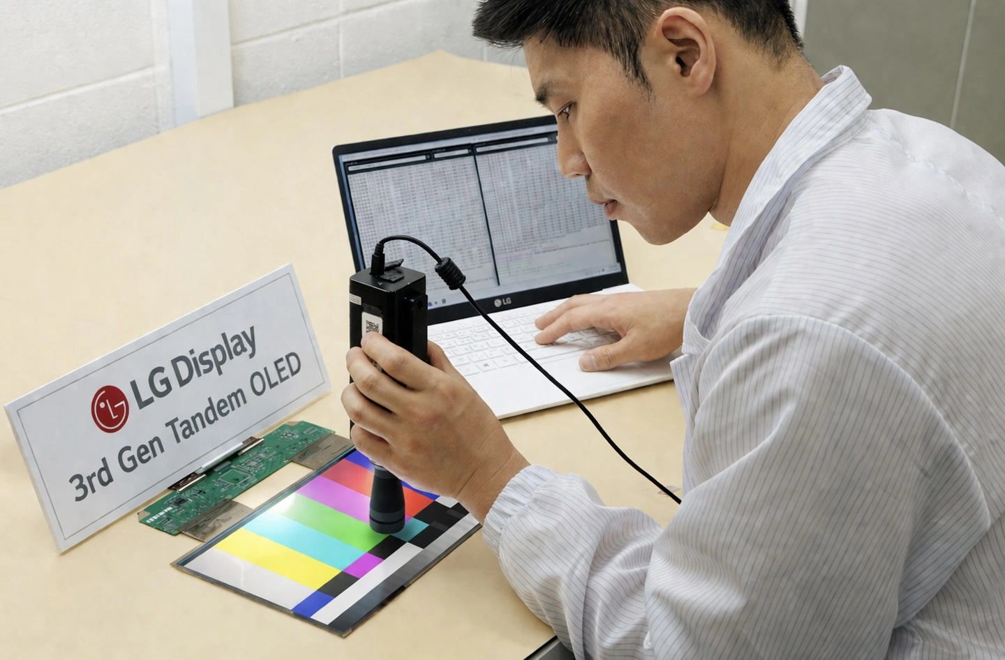 An LG Display engineer evaluates a color calibration chart using a spectrophotometer alongside a sign reading '3rd Gen Tandem OLED' on a table.