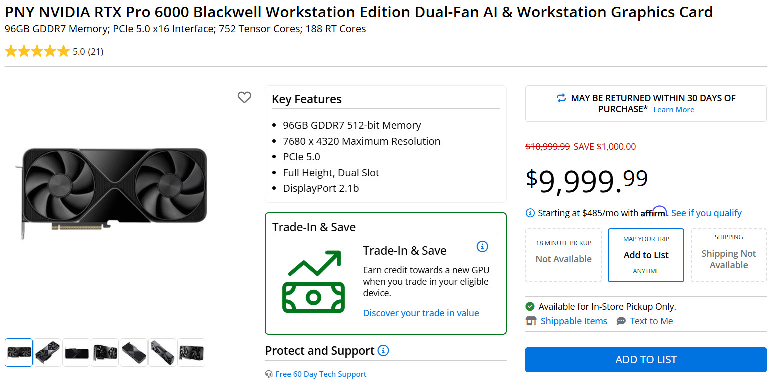 Carte graphique PNY NVIDIA RTX Pro 6000 Blackwell Workstation Edition listée à 9999,99€, avec 96 Go de mémoire GDDR7 et interface PCIe 5.0.