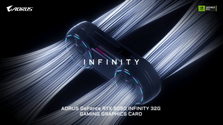 An AORUS GeForce RTX 5090 Infinity 32G gaming graphics card is depicted with the text 'INFINITY' against a dark background, featuring glowing elements and radial light beams.