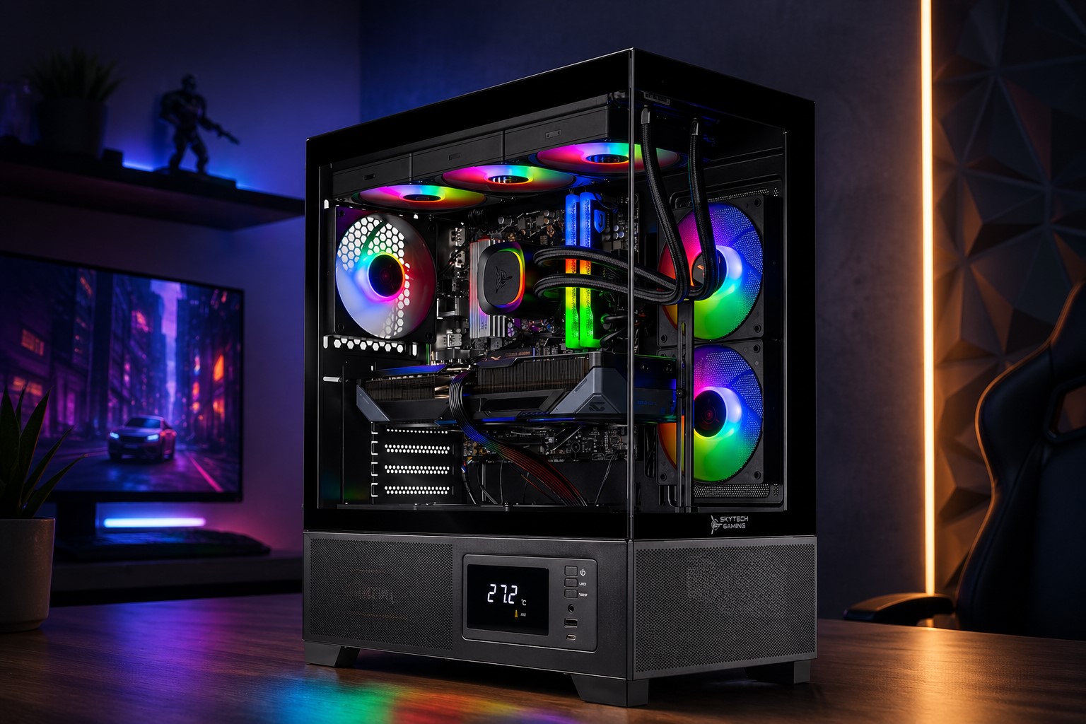A Skytech Gaming desktop PC with RGB-lit fans and components is shown on a desk, alongside a digital temperature display reading '27.2°C,' in a gaming setup with a cityscape video on a monitor.