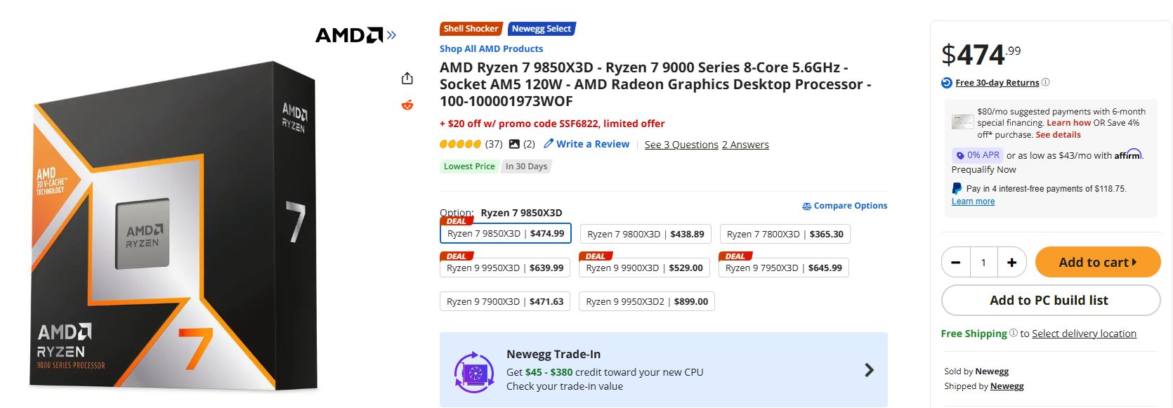Page produit Newegg pour le processeur AMD Ryzen 7 9850X3D, affichant un prix promotionnel.