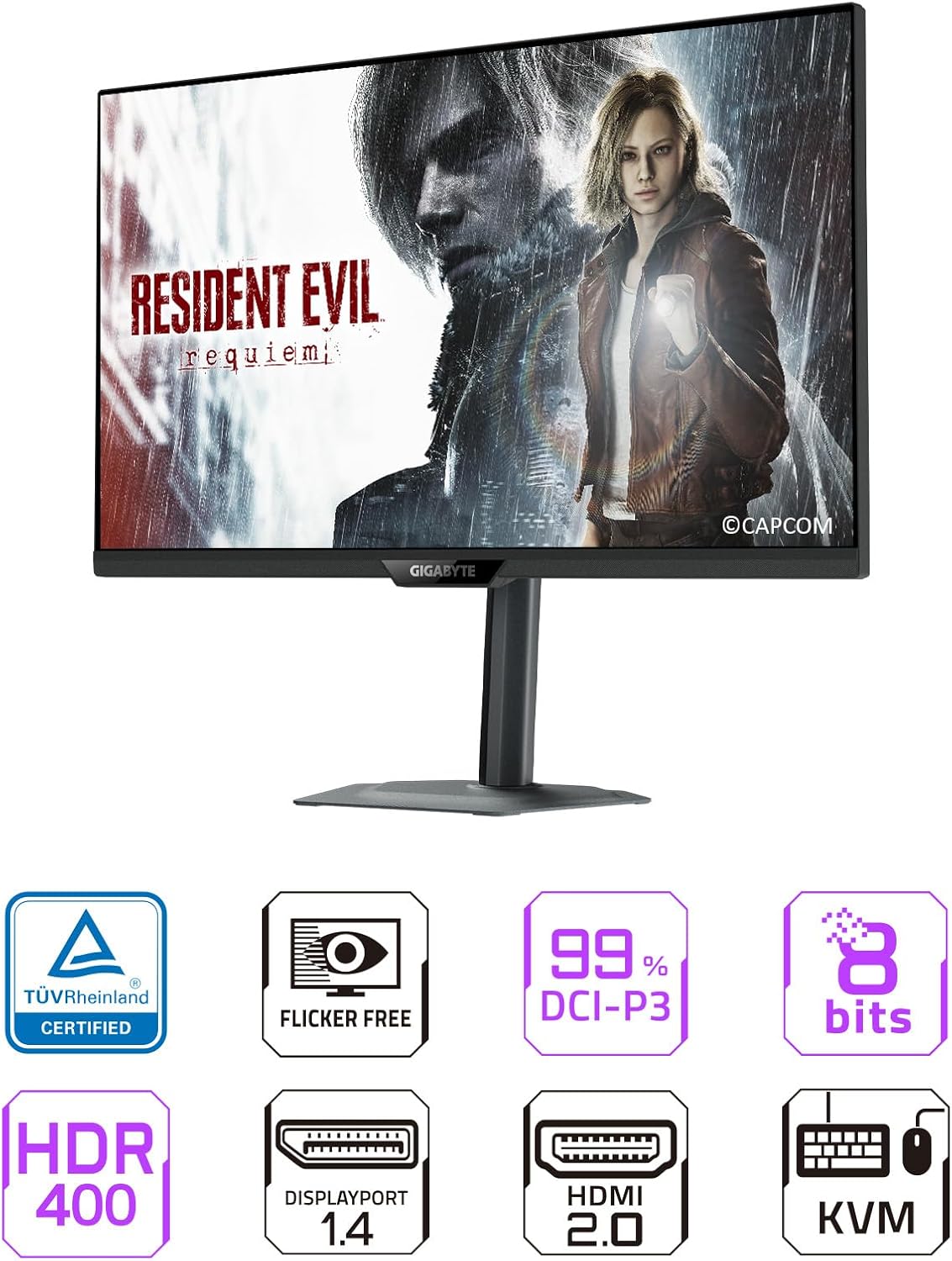 Un écran Gigabyte affichant une scène de jeu, entouré d'icônes indiquant les certifications et caractéristiques techniques.