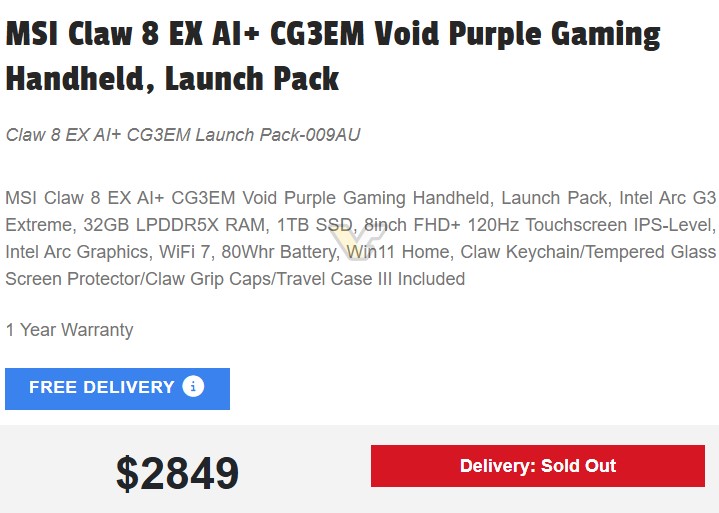 MSI Claw 8 EX AI+ CG3EM Void Purple Gaming Handheld, featuring an Intel Arc G3 Extreme, 32GB LPDDR5X RAM, a 1TB SSD, and an 8-inch FHD+ 120Hz touchscreen, with the price listed as $2849 and 'Delivery: Sold Out'.
